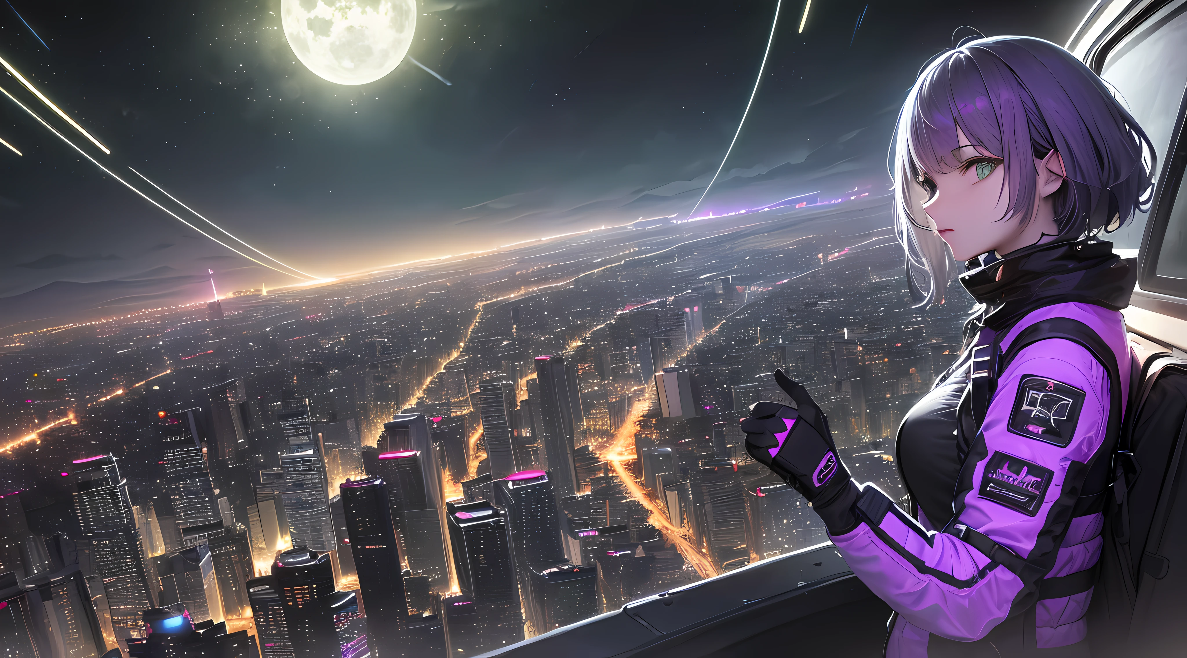 (((masterpiece))), (((best quality))), ((ultra-detailed)), (highly detailed CG illustration), ((an extremely delicate and beautiful)),A cyberpunk girl on a sky-flying motorbike, flying through the air., (long shot), Unreal engine, In space, looking at cyberpunk city, neon colors, cyberpunk space ships, ((grey hair)), (green eyes), dark night time, center composition, symmetrical composition, ((dark night:1.5)), dark neon, ((dark night:1.7)), extremely detailed, ((long shot)),((pitch black all around:1.7)), (dark puple:1.7),neon purple city