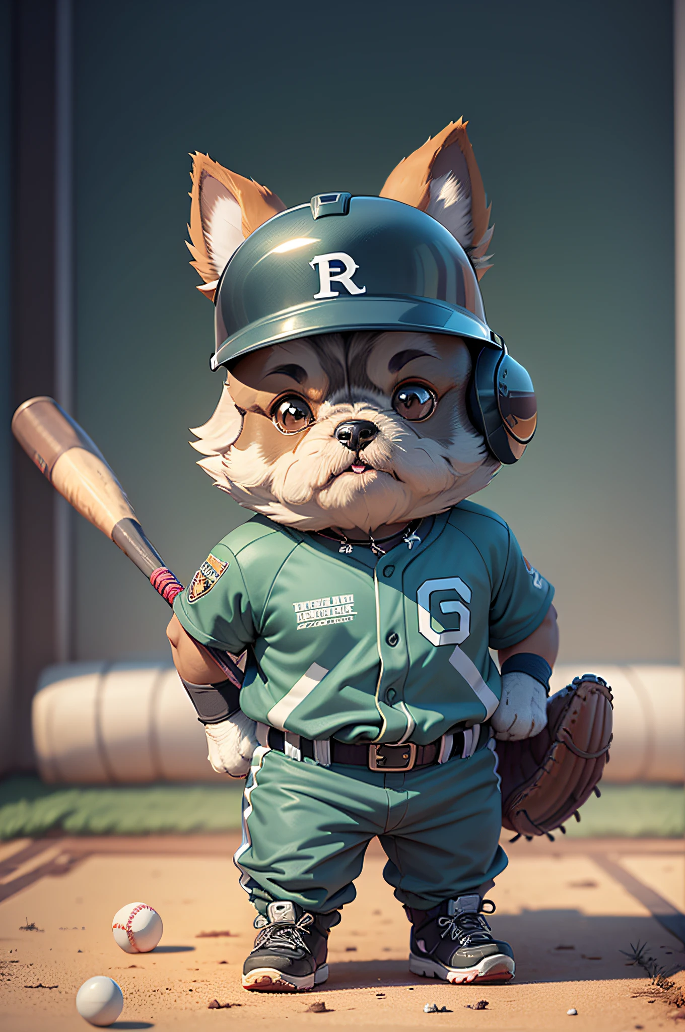 C4tt4stic, Scene where the ball hits the bat、Baseball player cartoon miniature schnauzer dog wearing helmet in uniform(Details of the appearance of the Miniature Schnauzer)