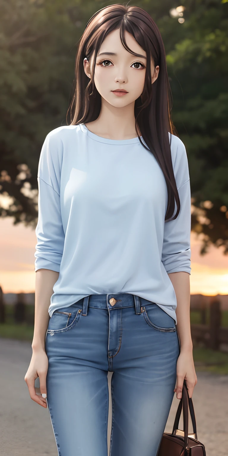 Kaori brown long, brown hair, beautiful face, sunset background, casual dress, jeans,extremely detailed wallpaper, perfect lighting, sunlight,(8k, RAW photo, best quality, masterpiece: 1.2), (realistic, realistic: 1.37), ultra-high resolution