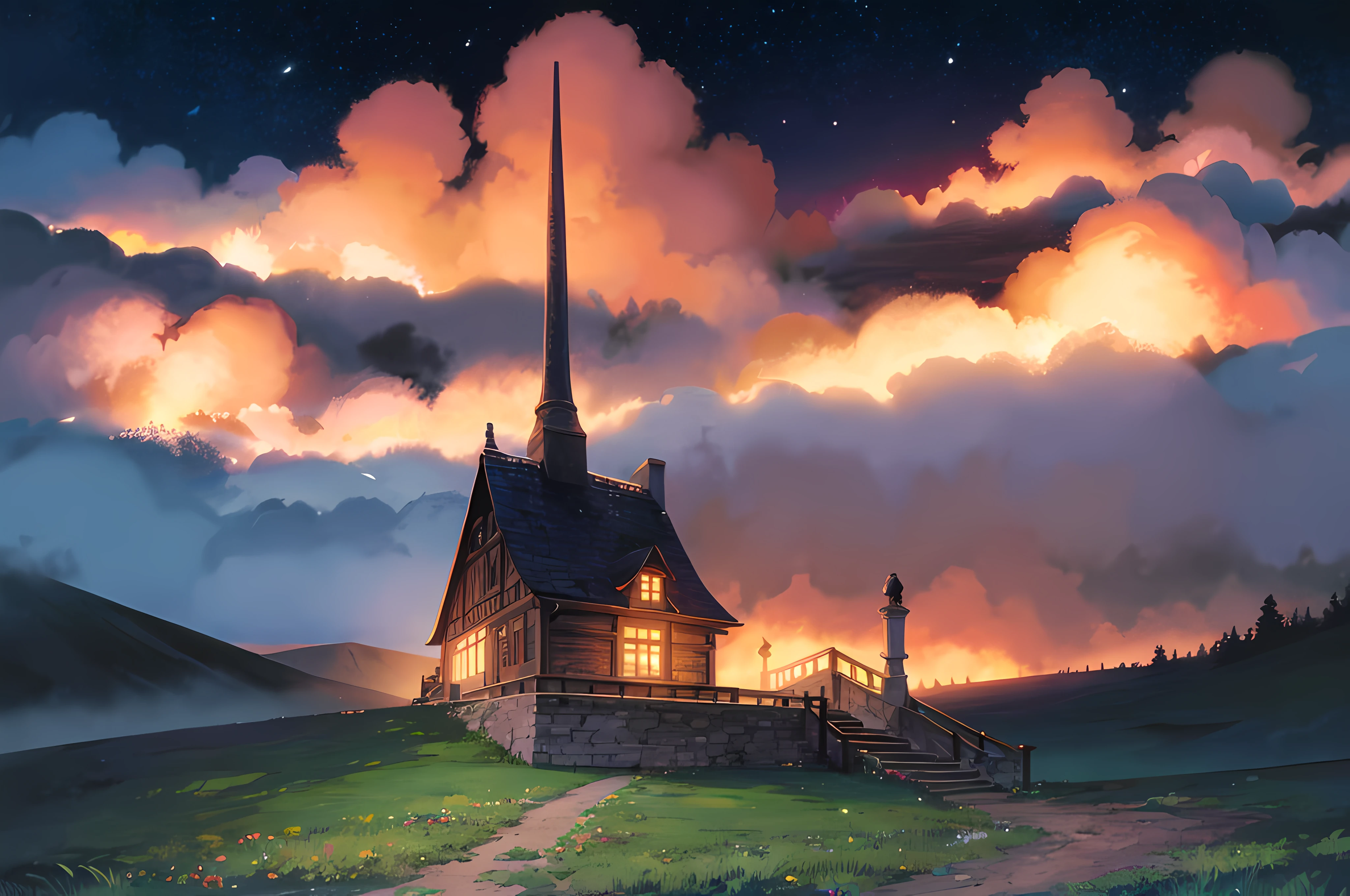in the style moving castle, scenery, ((night)), town