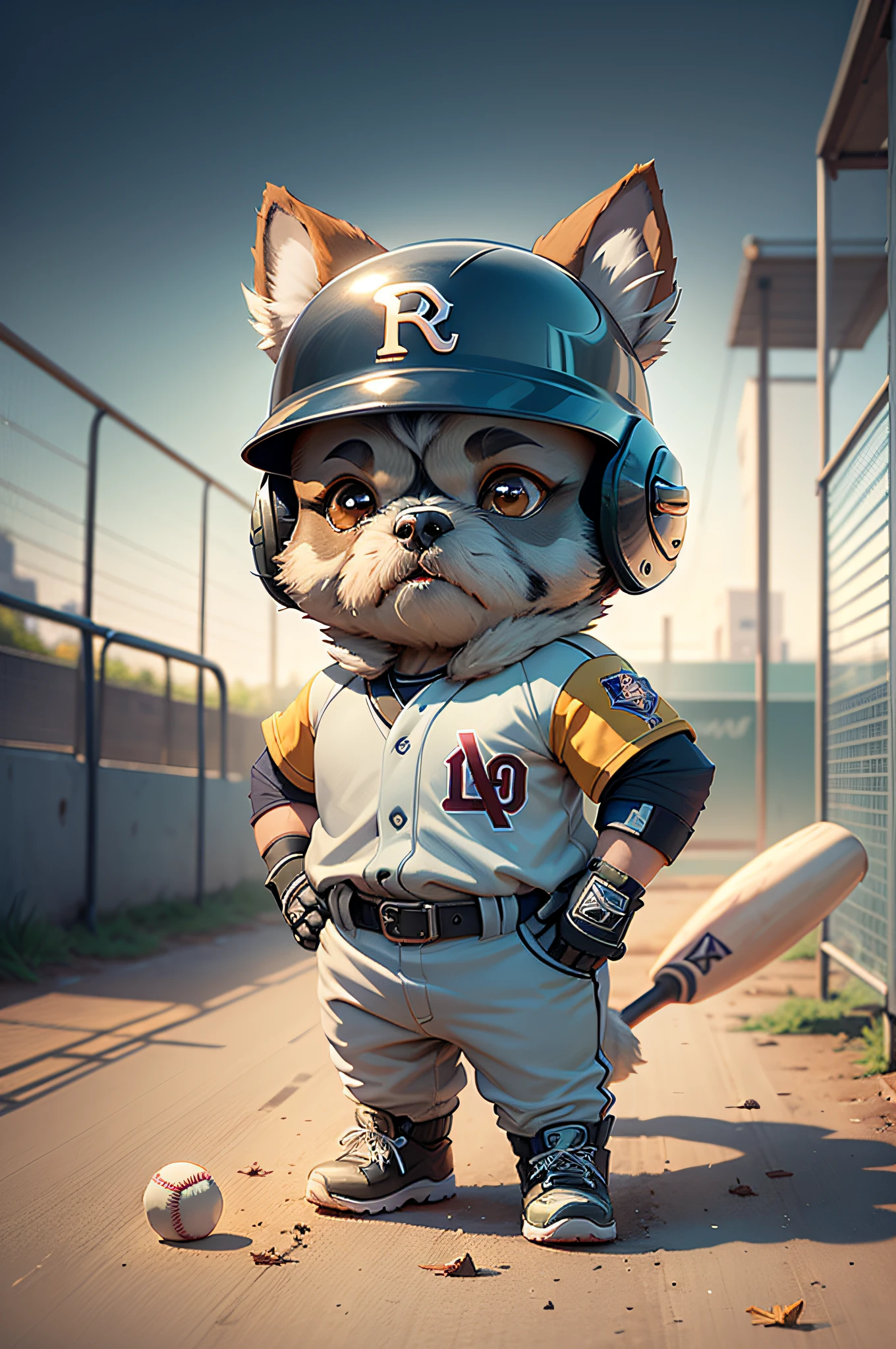 C4tt4stic, Scene where the ball hits the bat、Baseball player cartoon miniature schnauzer dog wearing helmet in uniform(Details of the appearance of the Miniature Schnauzer)