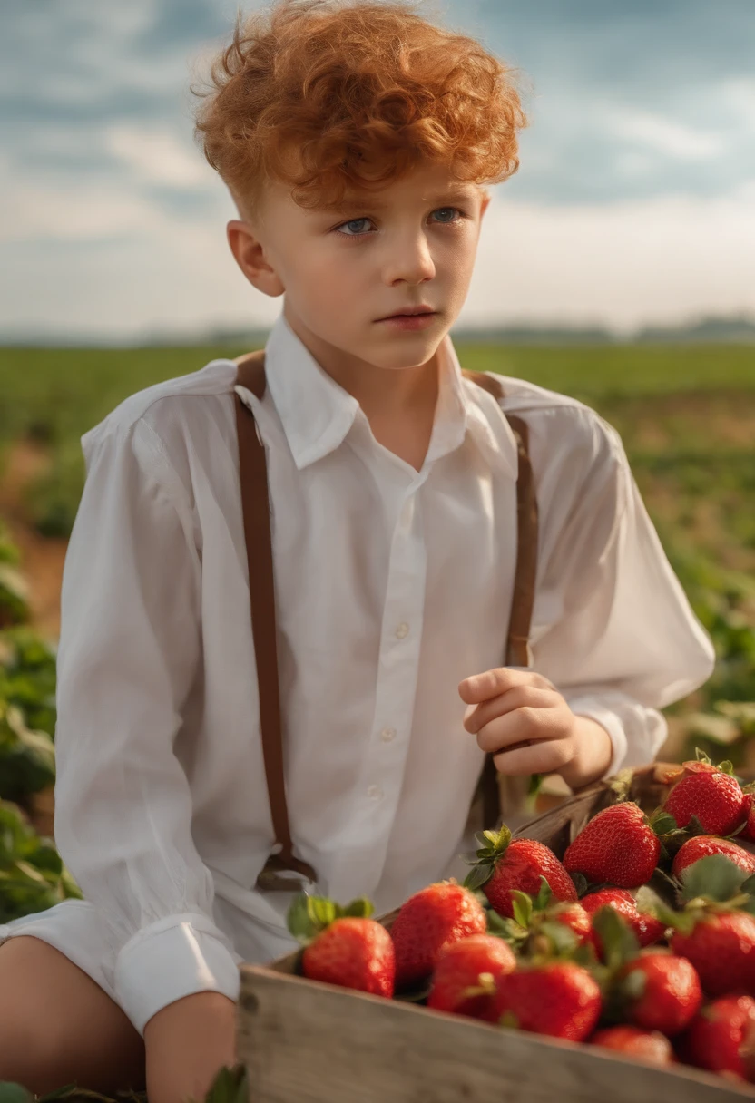 Best quality, ultra highres, 1 boy, cheveux roux, Yeux verts, Corps court et mince, porter une chemise blanche et un short, ((expression timide)), Champ de fraises
