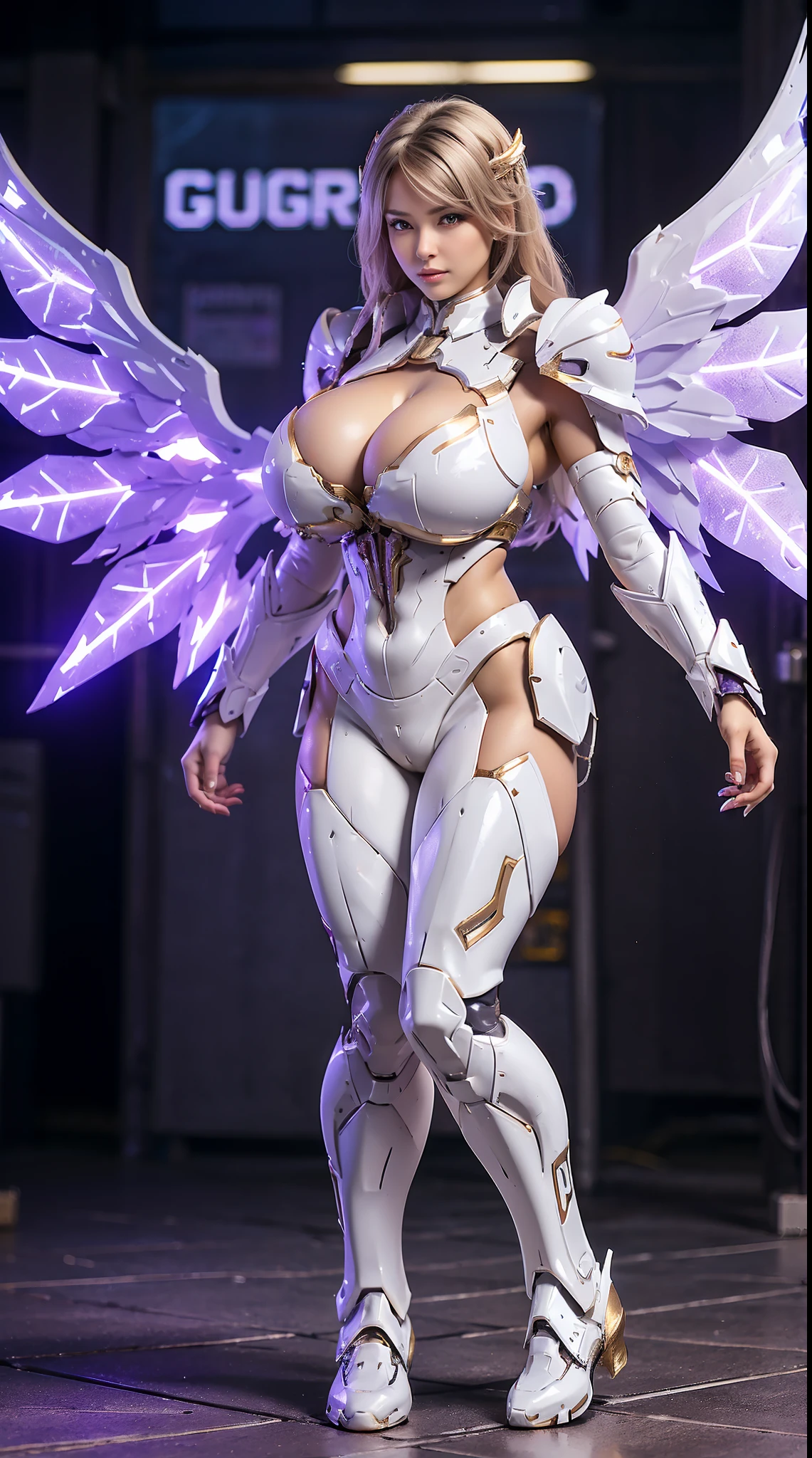 A WOMAN, BEAUTIFULL FACE, HUGE BOOBS, RGB, WHITE, GOLD, PURPLE, MECHA ARMOR FULL GEAR, (SUIT), (CLEAVAGE), (A PAIR LARGEST WINGS), (FULL BODY:1), TRANSPARANT, TALL LEGS, STANDING, SEXY BODY, MUSCLE ABS.