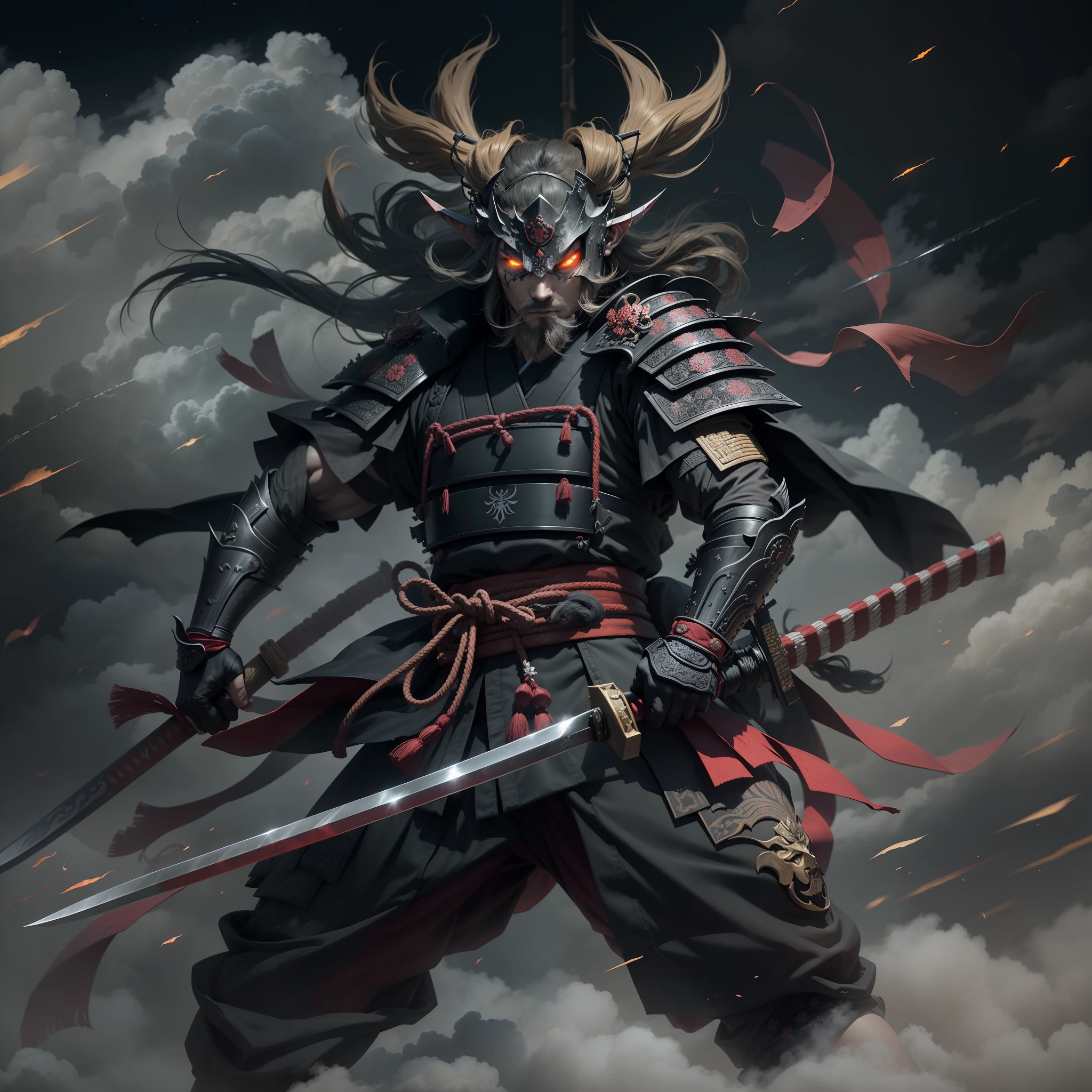 (They are samurai),(Wearing a demon mask),Solo,Upper body ,(long armament, sharp knife),magnificent artwork,((Kyoto panel painting style)),Wind-effect:1.9,Cloud Effect:1.2,Full Rendering,Caustic soda coating, a dark night