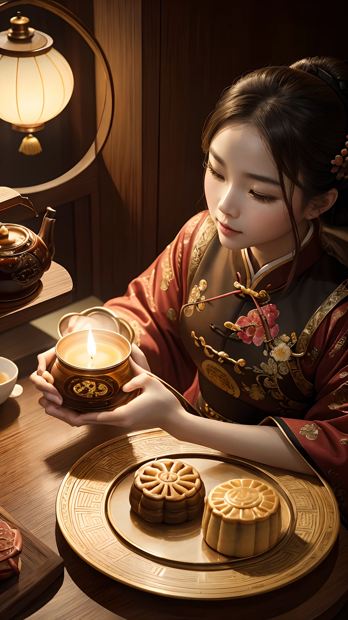 (a detailed close up portrait of a moon cake), (a cup of tea), (a tea pot poster), (best quality, highres, ultra-detailed), (realistic), (portraits), (vivid colors), (warm color tones), (soft lighting), (delicious details), (traditional Chinese dessert), (intricate patterns), (elegant tea set), (moonlit background), (artistic composition), (delicate textures), (fine brushwork), (subtle shadows), (harmonious color palette), (crisp focus), (meticulous craftsmanship), (rich flavors), (authentic tea ceremony), (captivating aroma), (artistic creativity), (precise lighting), (mouth-watering presentation), (stimulating senses), (meticulous details), (rich cultural symbolism), (teatime indulgence), (authentic Chinese cuisine), (eye-catching visual appeal), (enjoying tranquility), (celebratory atmosphere), (enticing arrangement), (traditional symbolism), (exquisite plating), (fine dining experience), (attention to detail), (sensory delight), (appetizing colors), (fragrant tea leaves), (delightful combination).