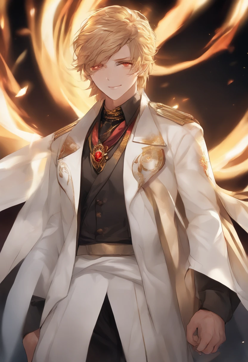 boy, wearing white jacket, wearing scarf, glowing red eyes, masterpiece, serious, light, aura, burned clothes, smiling, fighting, mad, frown, blood, scar, flowing light hair, laughing, golden breath, light rings, bleed, gore, scars on eyes, light aura, golden aura, rainbow ring