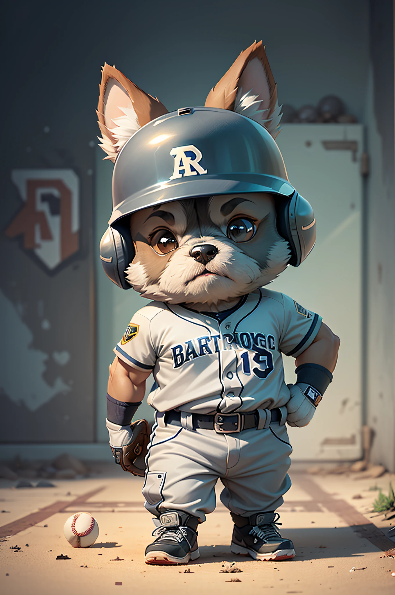 C4tt4stic, Scene where the ball hits the bat、Baseball player cartoon miniature schnauzer dog wearing helmet in uniform(Body hair is light gray、Details of the appearance of the Miniature Schnauzer)