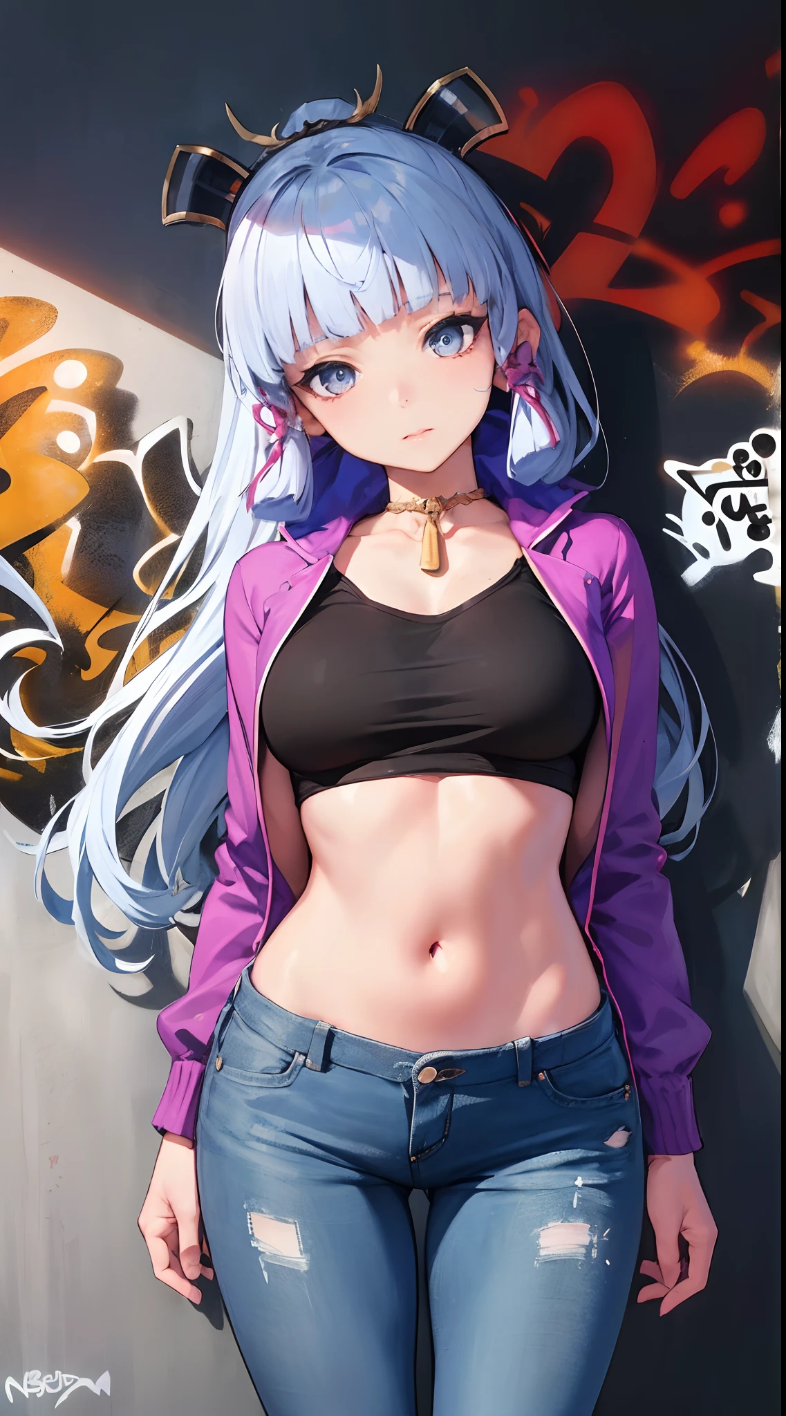 kamisato ayaka|genshin impact, master-piece, bestquality, 1girls,30 years old, proportional body, Big legs, Beautiful, proportional., crop top, Long Jeans, mediuml breasts, ,bara, crop top, choker, (Graffiti:1.5), Splash with purple lightning pattern., arm behind back, against wall, View viewers from the front., Thigh strap, Head tilt, bored,(NSTDA.:1.2), (10, beste-Qualit, master-piece: 1.4), Beautiful red hair, ultra-high resolution, (lifelike, photorealistic portrait: 1.48), (Looking Through Crop Tops.), Famous Japanese actors, beautiful clear eyes, Head tilt, cowboy shot, from the front, looking at the audience, expressionless, Beautiful lake, Zeiss 150mm F/ 2.8 Hasselblad, Whole body, foot, Ultra-Wide Angle,