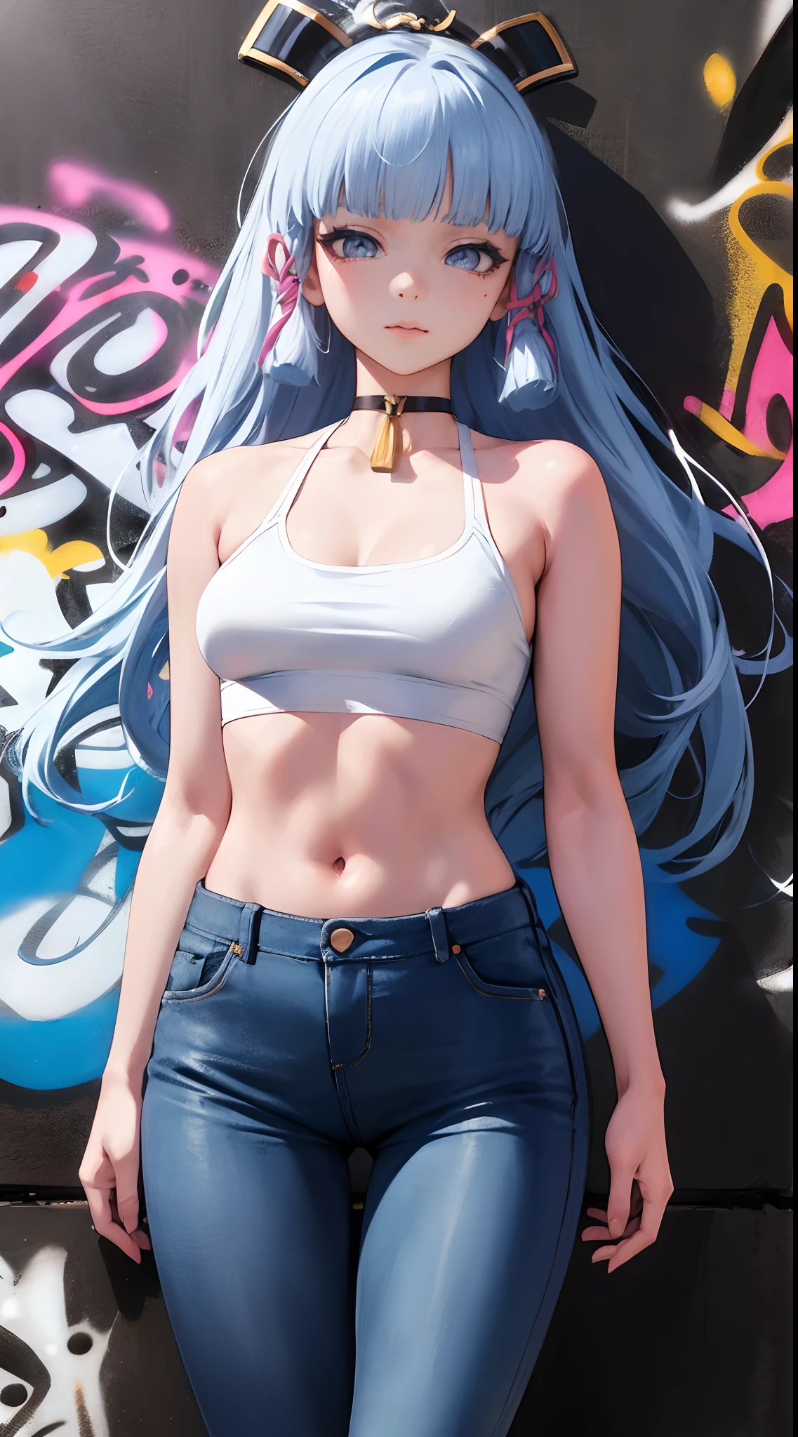 kamisato ayaka|genshin impact, master-piece, bestquality, 1girls,25 years old, proportional body, elongated legs, Beautiful, proportional., crop top, Long Jeans, mediuml breasts, ,bara, crop top, choker, (Graffiti:1.5), arm behind back, View viewers from the front., Thigh strap, Head tilt, bored,(NSTDA.:1.2), (10, beste-Qualit, master-piece: 1.4), Beautiful red hair, ultra-high resolution, (lifelike, photorealistic portrait: 1.48), 20 age, Cute Girl, (Looking Through Crop Tops.), Famous Japanese actors, beautiful clear eyes, Head tilt, cowboy shot, from the front, looking at the audience, expressionless, Beautiful lake, Zeiss 150mm F/ 2.8 Hasselblad,  Whole body, foot, Ultra-Wide Angle,