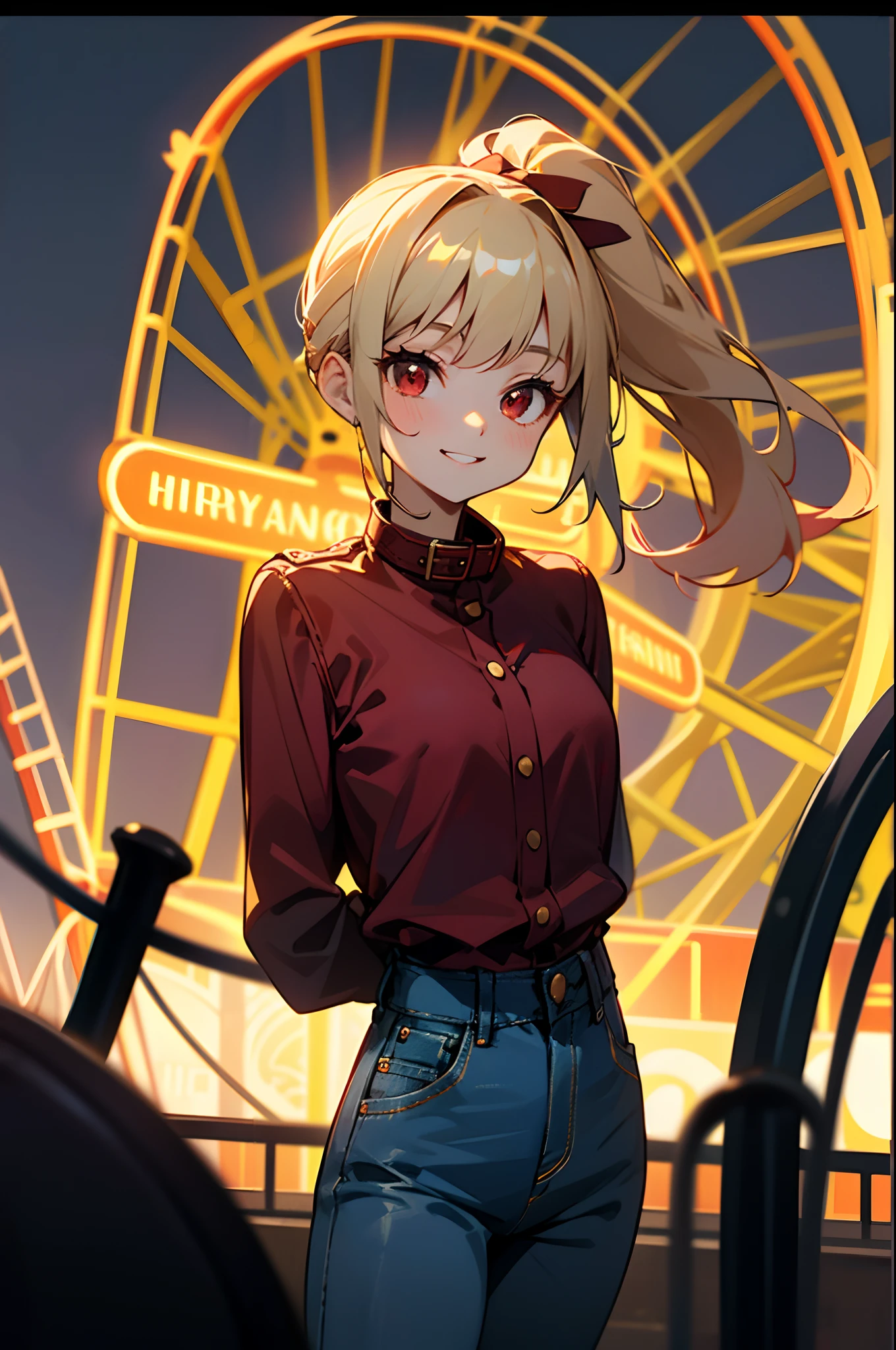 Beautuful Women、 Young handsome girl, small tits, Blonde Hair Ponytail、Red eyes:1.2, Sexy Girl, professional attire:1.3, 18 years old: 1.1, Detailed Red Riders Jacket:1.2、Blue collar shirt, Skinny denim pants:1.2, Leather boots, Beautiful detailed skin, Cute:1.2, drooping eyes:1.2, Straight teeth,Smile, Floating hair, Gray background, Solo Focus, (bustshot:1.2), Cinematic Light, (Nostalgic night view:1.4), (amusement park:1.4), (merry-go-round、the Ferris wheel、rollercoaster), (arms behind back :1.4),Looking at Viewer:1.2