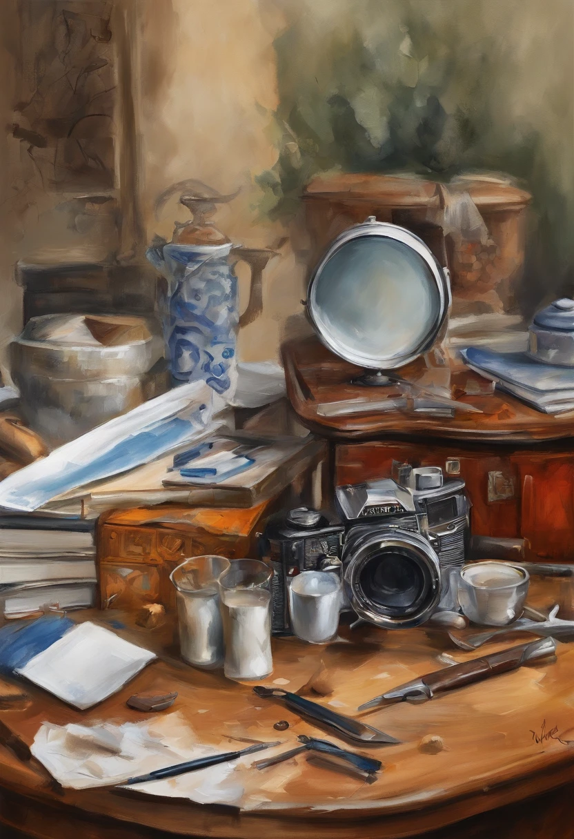 There is a camera on the table,big breasts and big breasts(((Model aircraft))),VR glasses on the table,Room design drawings,There's a lot of paint on it, Detailed painting 4 K, Realistic digital painting, overdetailed art. Digital SLR, high quality digital painting, Realistic camera shooting, photorealism style, in style of photorealism artist, Detailed digital painting, hyperrealism concept art, professional digital painting, photographyrealism, super realistic painting style,There is also an airplane on the table,Measurement tools,On the stool sat a boy wearing VR glasses,Bright colors,Be positive