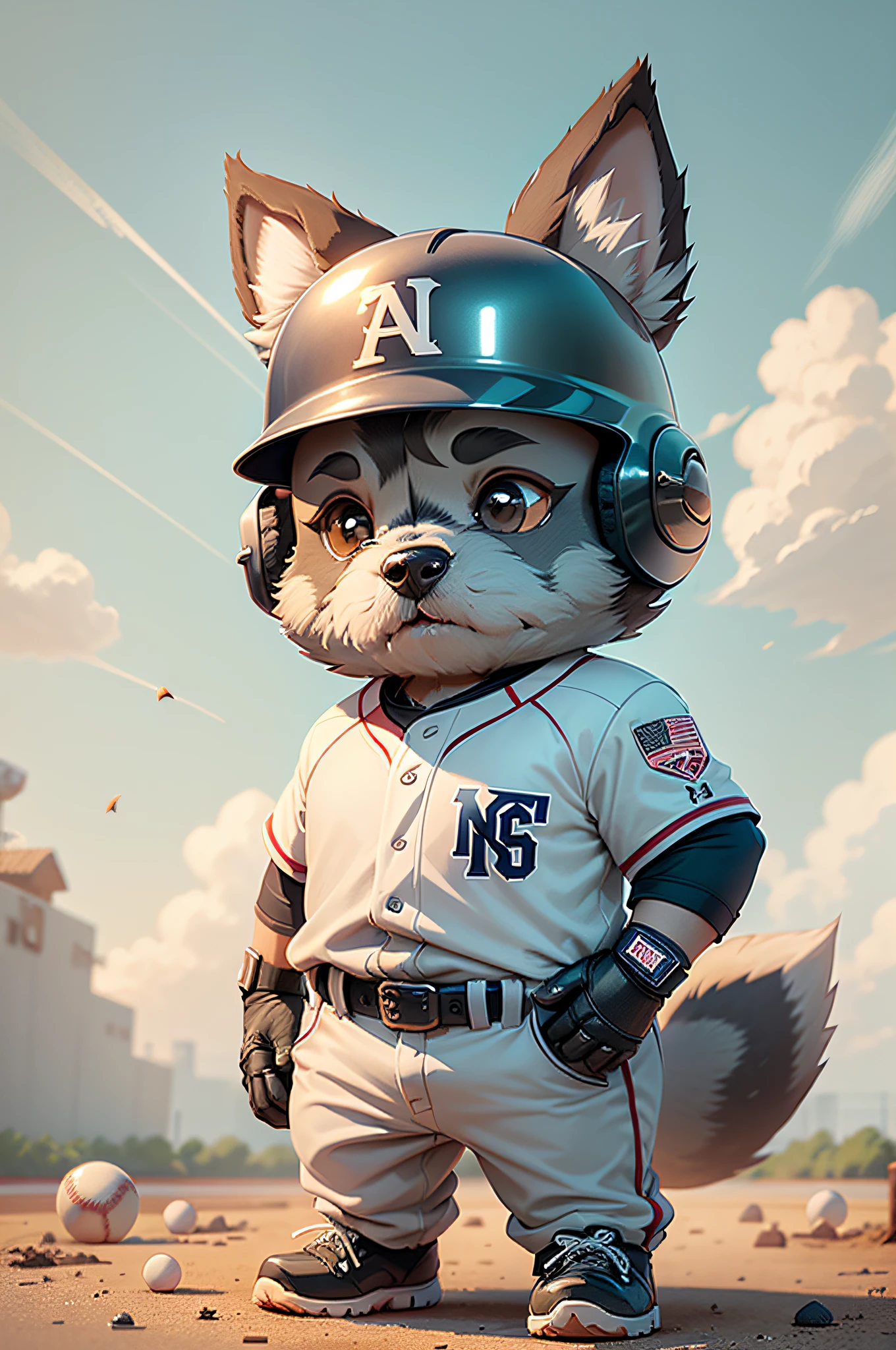 C4tt4stic, Scene where the ball hits the bat、Baseball player cartoon miniature schnauzer dog wearing helmet in uniform(Body hair is light gray、Details of the appearance of the Miniature Schnauzer)