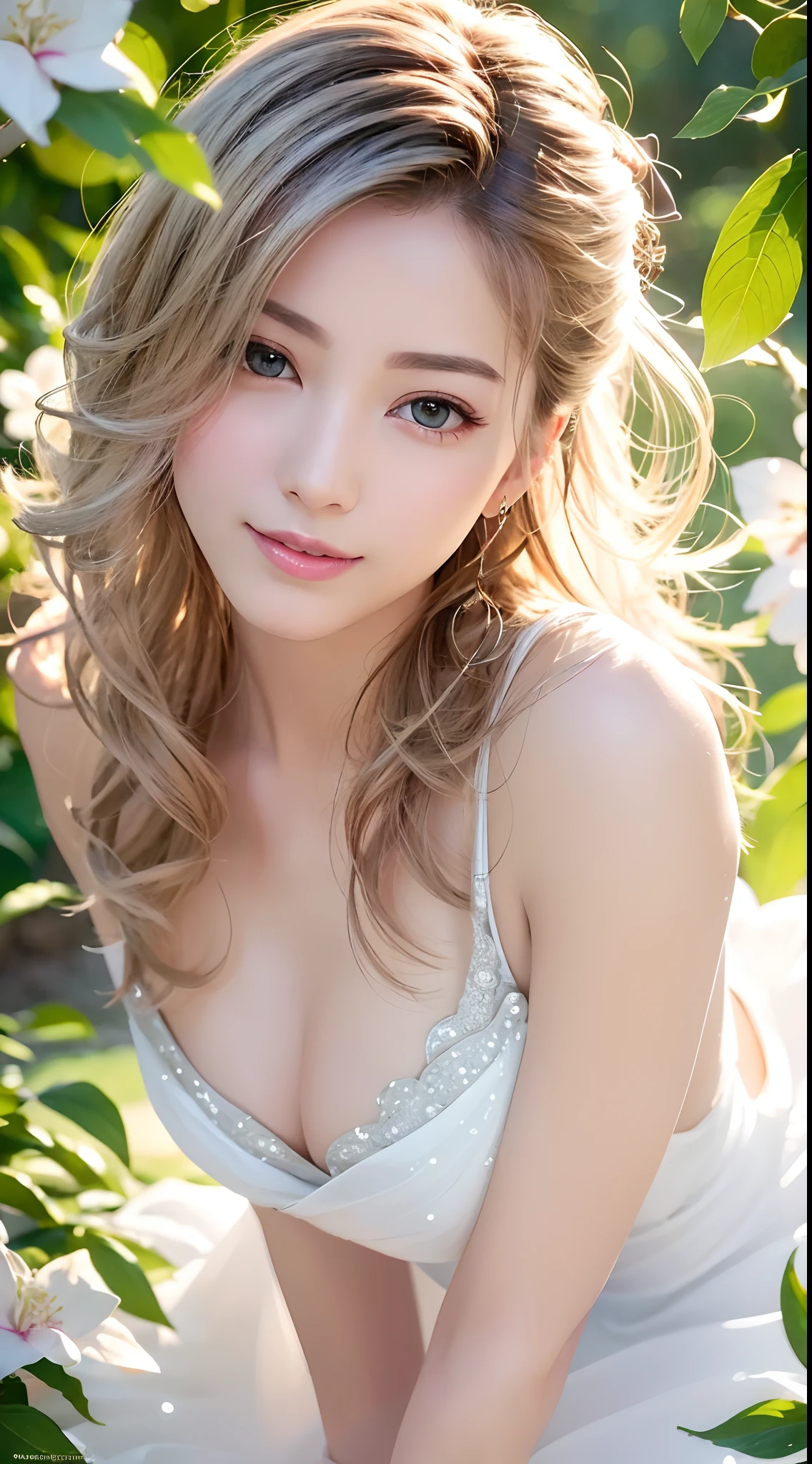 (Best quality,4K,A high resolution,Ultra-detailed,Realistic:1.37),Vivid colors,Sunlight,llight rays,bergamot,white blossoms,Beautiful girl,Exquisite features,Flowing hair,Serene expression,Garden setting,Elaborate dress,Soft sunlight,Gentle breeze,Cheerful ambiance,Backlit scene,a hint of smile,ethereal glowing,Fresh in the morning,Long shadows,harmony of nature,subtle reflections,Natural beauty,Twinkling dewdrops,Clear detail,serenity and calm,Sublime ingredients,Arrive at the branch,whispering leaves,Aromatherapy petals,with light glowing,Sparkling highlights,Subtle shadows,Soft focus,Sublime beauty,Whisper natural,Fantastical Atmosphere,Illuminated background.