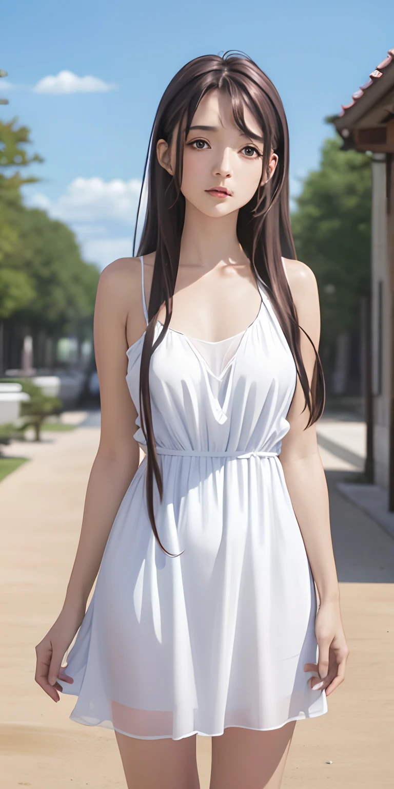 Kaori brown long, brown hair, beautiful face, blue sky background, casual dress, bare shoulder,bare belly,huge breast,extremely detailed wallpaper, perfect lighting, sunlight,(8k, RAW photo, best quality, masterpiece: 1.2), (realistic, realistic: 1.37), ultra-high resolution