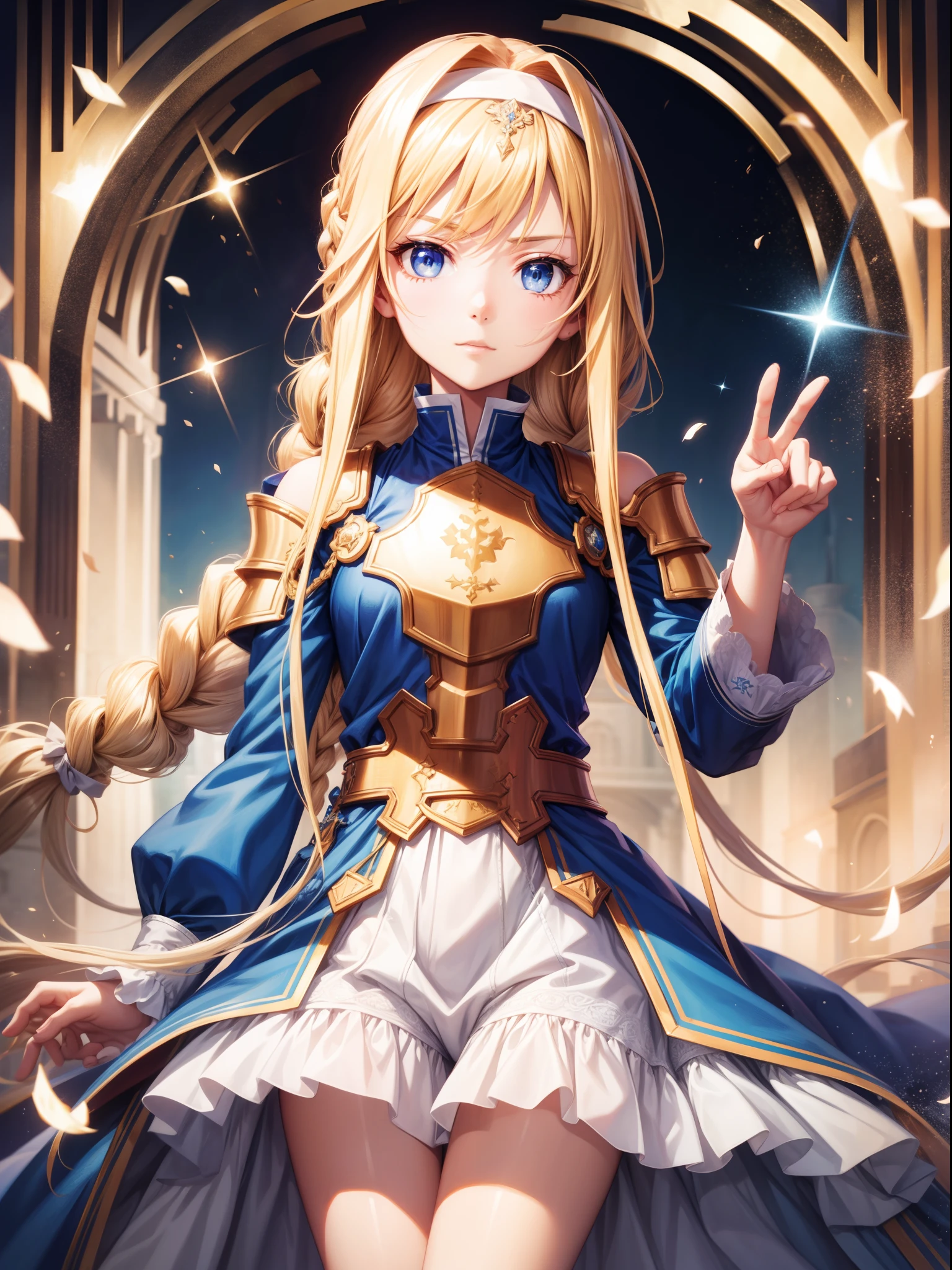 Arisburg, Alice Zusberg, [[Golden Sword:1.20]]、Blue eyes, Blonde hair, hair between eye, Very long hair, braid, shairband, white hairband,Break Dresses, Cape, armor, Blue Dress, Shoulder Armor, High resolution, Unity 8k壁纸, (Illustration:0.8), (Beautiful detailed eyes:1.16), extra detailed face、Dress correctly, Beautiful Finger、 charming figure,super precision、[[3D images]]、[[High quality anime girl with brown hair and brown eyes]]