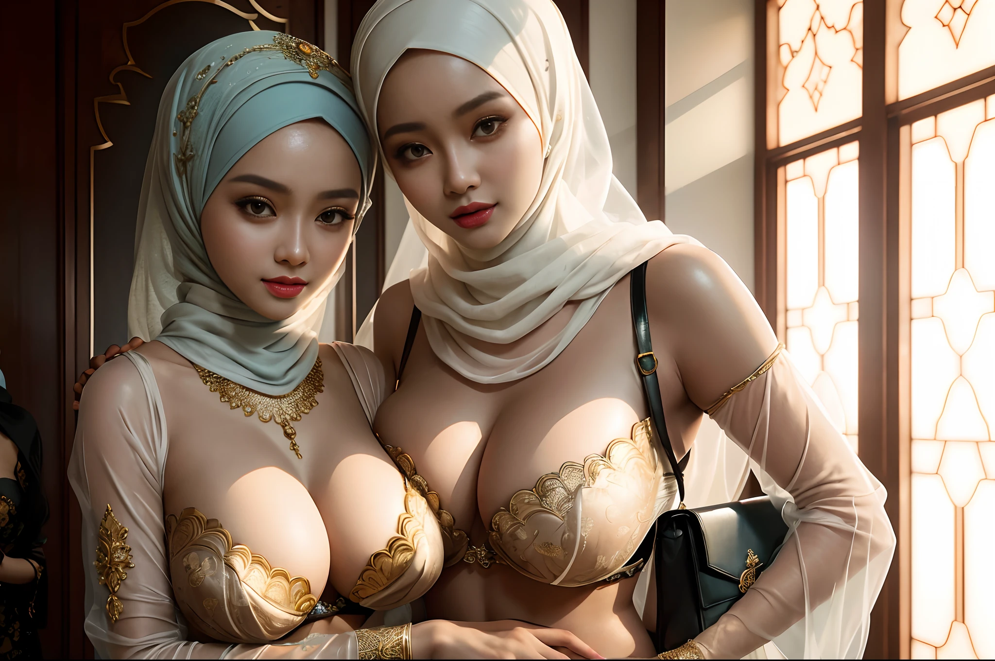two women in hijab pose for a picture in a room, artwork in the style of guweiz, deviantart artstation cgscosiety, 8k high quality detailed art, wlop and sakimichan, wlop and ross tran, wlop and artgerm, loish and wlop, trending on cgstation, fanart best artstation