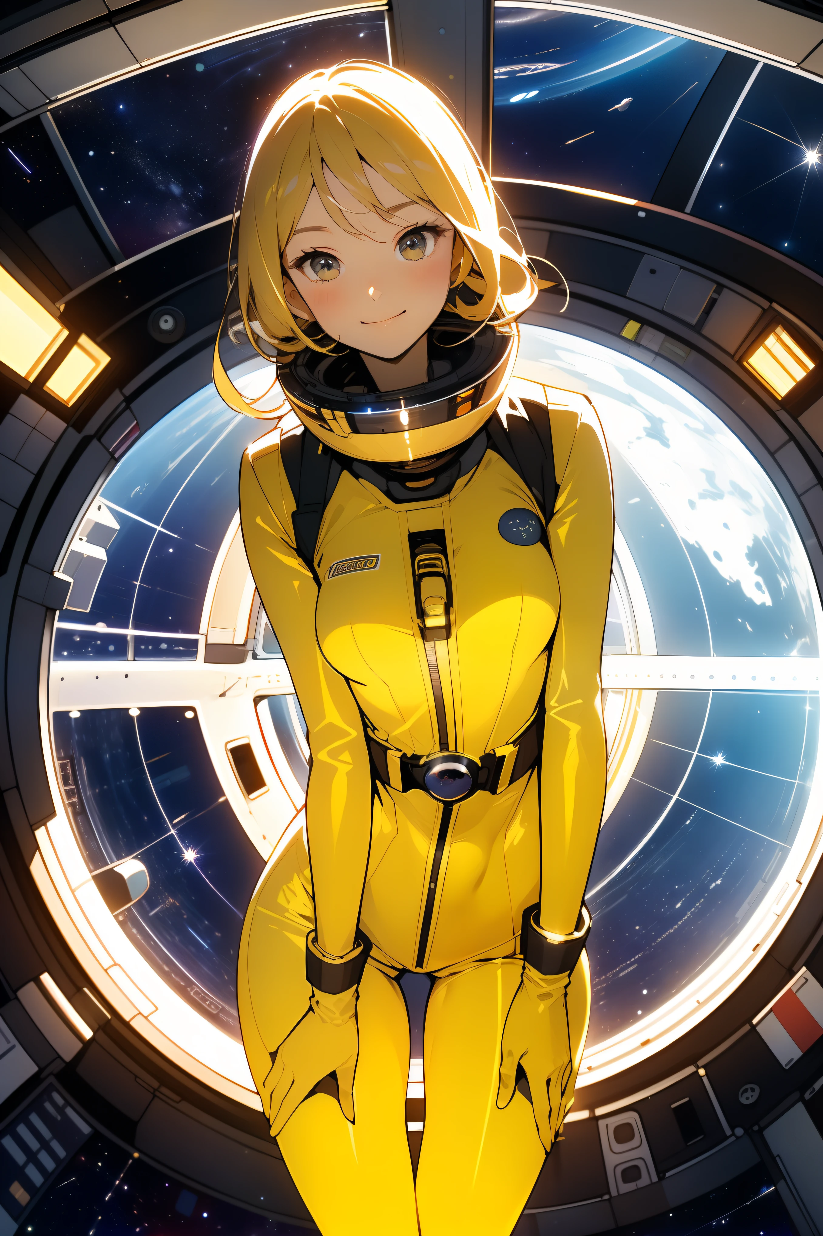 (masterpiece, best quality:1.2), (cowboy shot:1.1), solo, 1girl, mori yuki, slight smile, closed mouth, looking at viewer, blonde hair, thigh gap, yellow bodysuit, skin-tight, perfect body, belt, large window, (starship porthole:1.3), from front, (spread legs:1.3), (standing:1.1), thigh gap, perfect hands, bright starship interior, (outer space view:1.1), (orbital view:1.3), (night, stary sky:1.5), milky way