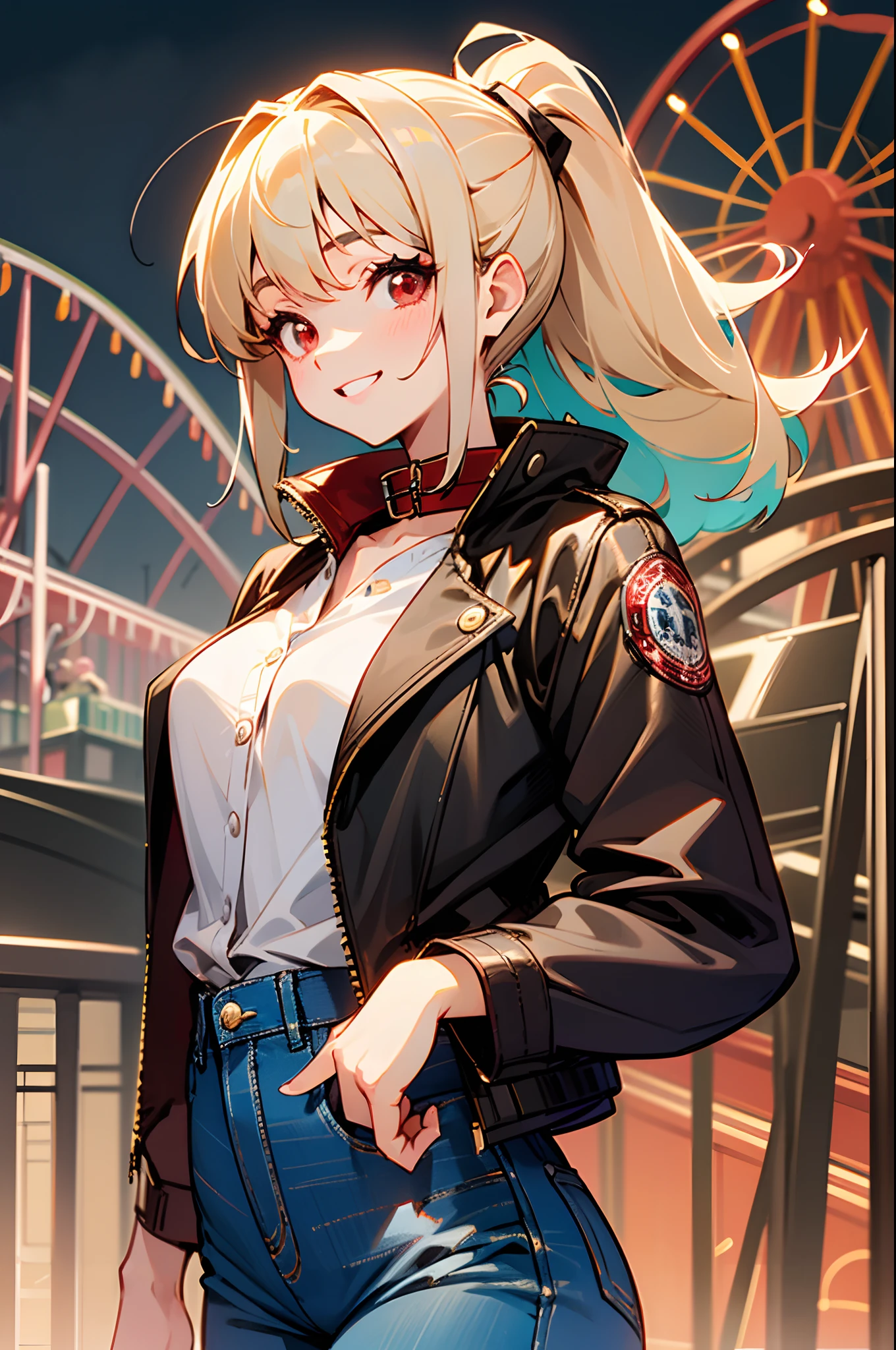 Beautuful Women、 Young handsome girl, small tits, Blonde Hair Ponytail、Red Eyes:1.2, Sexy Girl, professional attire:1.3, 18 years old: 1.1, Detailed Red Riders Jacket:1.2、Blue collar shirt, Skinny denim pants:1.2, Leather boots, Beautiful detailed skin, Cute:1.2, drooping eyes:1.2, Straight teeth,Smile, Floating hair, Gray background, Solo Focus, (bustshot:1.2), Cinematic Light, (Nostalgic night view:1.4), (amusement park:1.4), (merry-go-round、the Ferris wheel、rollercoaster),Looking at Viewer:1.2