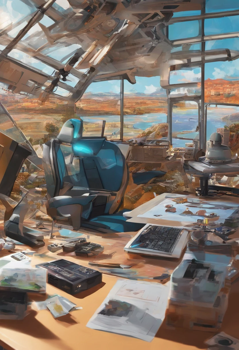 There is a camera on the table,big breasts and big breasts(((Model aircraft))),VR glasses on the table,Room design drawings,There's a lot of paint on it, Detailed painting 4 K, Realistic digital painting, overdetailed art. Digital SLR, high quality digital painting, Realistic camera shooting, photorealism style, in style of photorealism artist, Detailed digital painting, hyperrealism concept art, professional digital painting, photographyrealism, super realistic painting style,There is also an airplane on the table,Measurement tools,On the stool sat a boy wearing VR glasses,Bright colors,Be positive