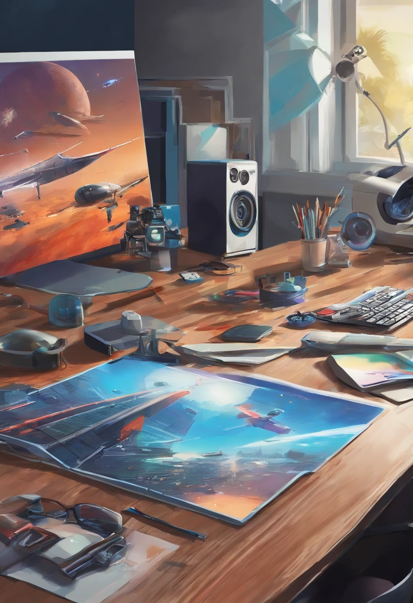 There is a camera on the table,big breasts and big breasts(((Model aircraft))),VR glasses on the table,Room design drawings,There's a lot of paint on it, Detailed painting 4 K, Realistic digital painting, overdetailed art. Digital SLR, high quality digital painting, Realistic camera shooting, photorealism style, in style of photorealism artist, Detailed digital painting, hyperrealism concept art, professional digital painting, photographyrealism, super realistic painting style,There is also an airplane on the table,Measurement tools,On the stool sat a boy wearing VR glasses,Bright colors,Be positive