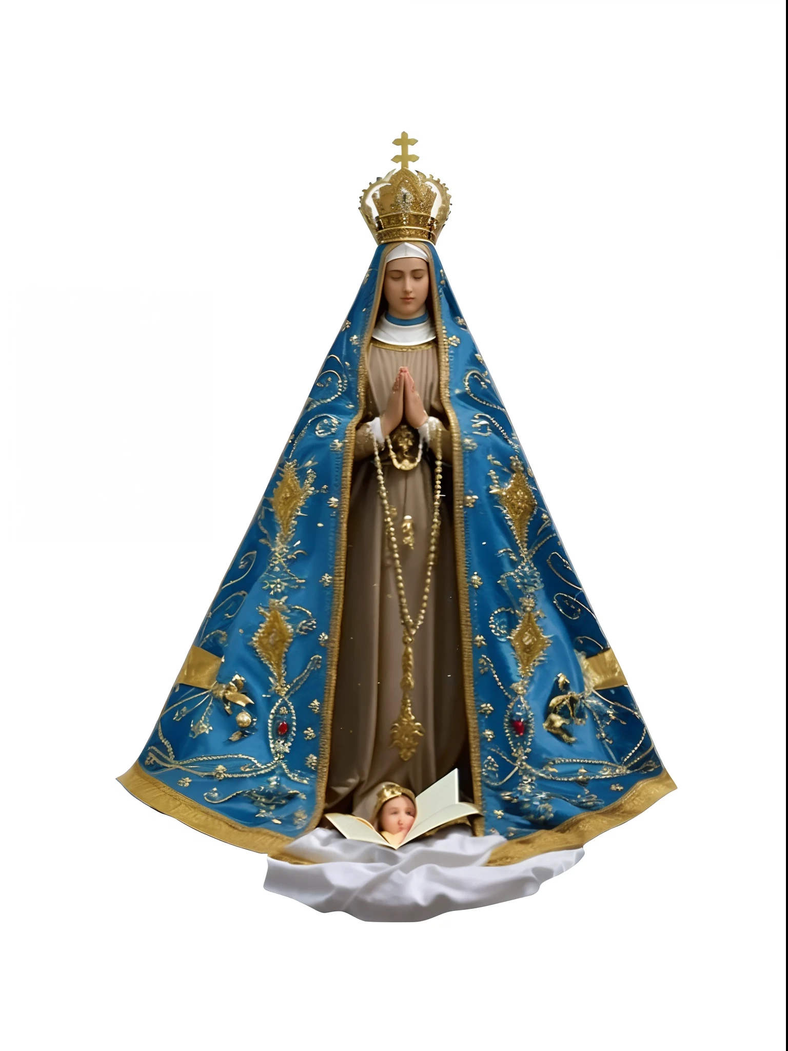 Uma imagem da Virgem Maria de Guadalupe, queen of heaven, Virgem Maria, inspirado em Francisco de Burgos Mantilla, Directed by: Francisco de Burgos Mantilla, Holy, majestosa mulher de santo, Senhora de Elche, imaculadamente detalhado, santo, Directed by: Carlo Martini, render corona, NMM, Iconografia religiosa, Directed by: John O'Gorman, rosto lindo sorrindo, pele clara de cor humana, She has her hands together in a prayer position, imagem realista, imagem altamente detalhada, cinematic picture,