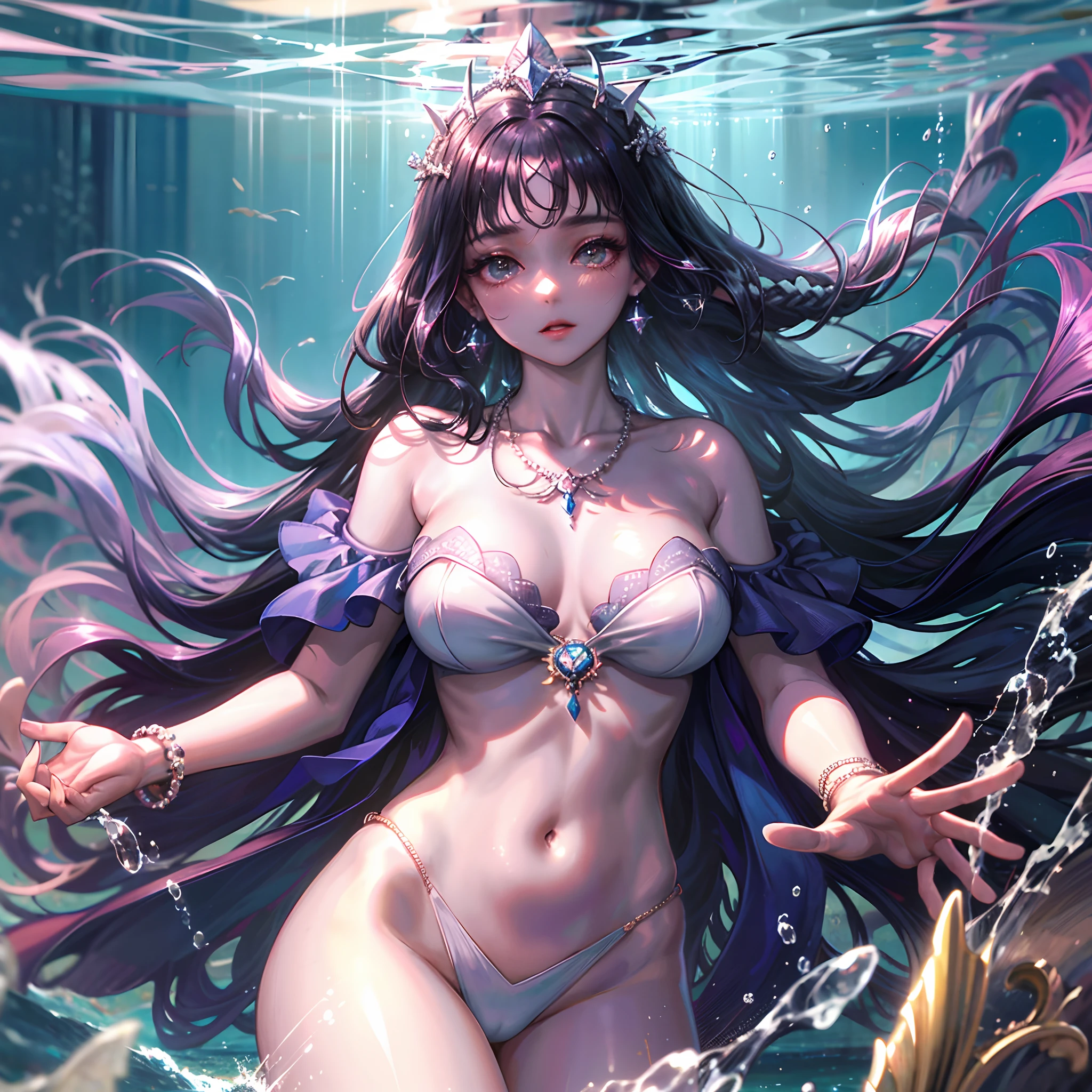 Melhor qualidade, high resolution, (super detalhado), 1 girl, sozinho, maduro, sereia (extremely long and braided black hair), head accessories, brincos, pearls necklace, elegante, Holy, colorido, Maior detalhe, underwater, Floating and messy hair in the sea, flor, back, sereia preta da cauda, humana do corpo superior, sereia bonita, sereia sedutora, sereia nadando de baixo do mar, mar brilhante, sereia maldoza, sereia do mal, a mulher mais bonita, rosto perfeito, cintura fina, cauda de peixe