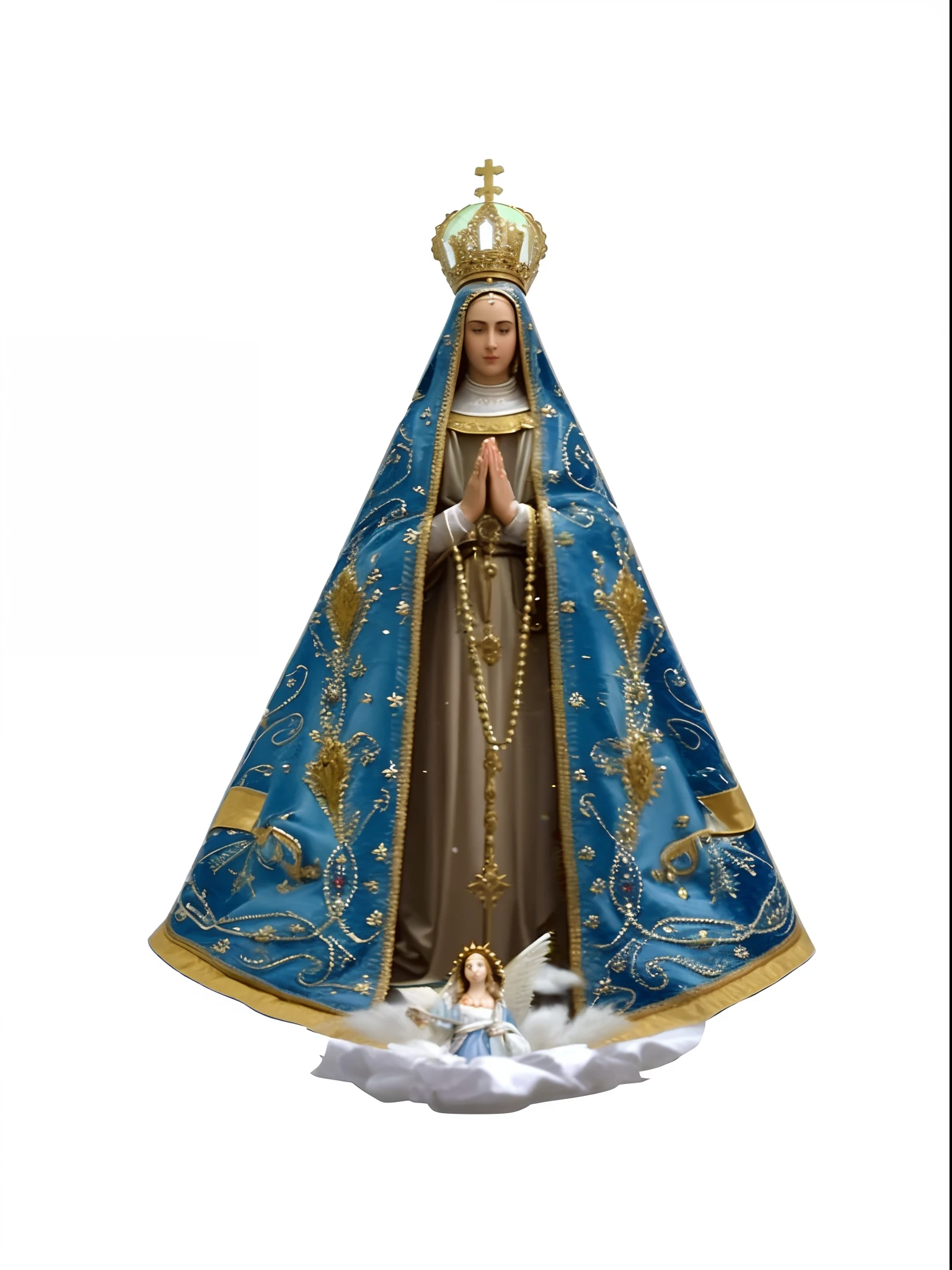 Uma imagem da Virgem Maria de Guadalupe, queen of heaven, Virgem Maria, inspirado em Francisco de Burgos Mantilla, Directed by: Francisco de Burgos Mantilla, Holy, majestosa mulher de santo, Senhora de Elche, imaculadamente detalhado, santo, Directed by: Carlo Martini, render corona, NMM, Iconografia religiosa, Directed by: John O'Gorman, rosto lindo sorrindo, pele clara de cor humana, She has her hands together in a prayer position, imagem realista, imagem altamente detalhada, cinematic picture,