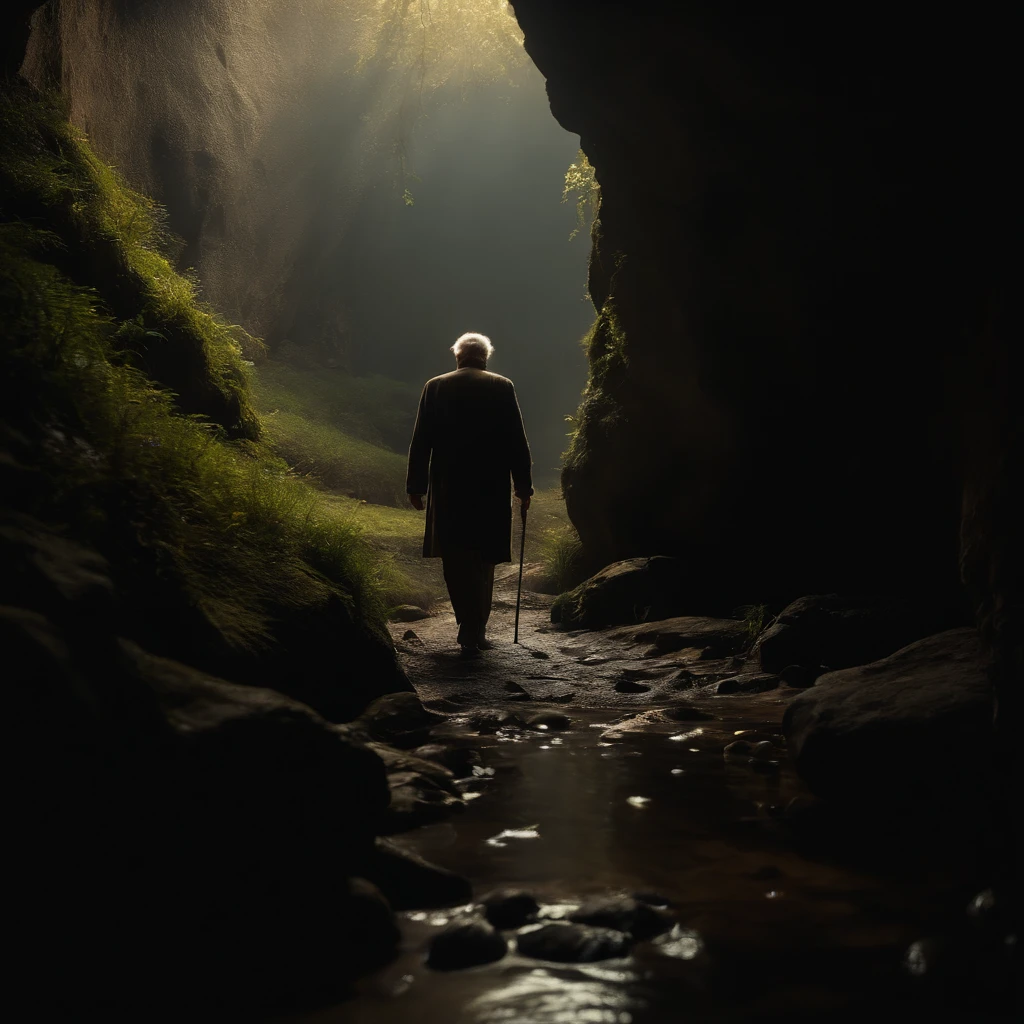 Old man walking through a cave、Slightly lit、Puddle on the right hand、