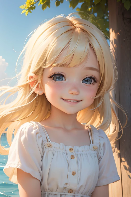 A girl enjoying the gentle breeze with a cute smile, bathed in soft light. The artwork is in high definition (HD) and has a chibi style, portraying a child with blonde hair. The girl's face is filled with happiness and the overall image has a touch of realism. The artwork is of the highest quality, with a resolution of 8K.