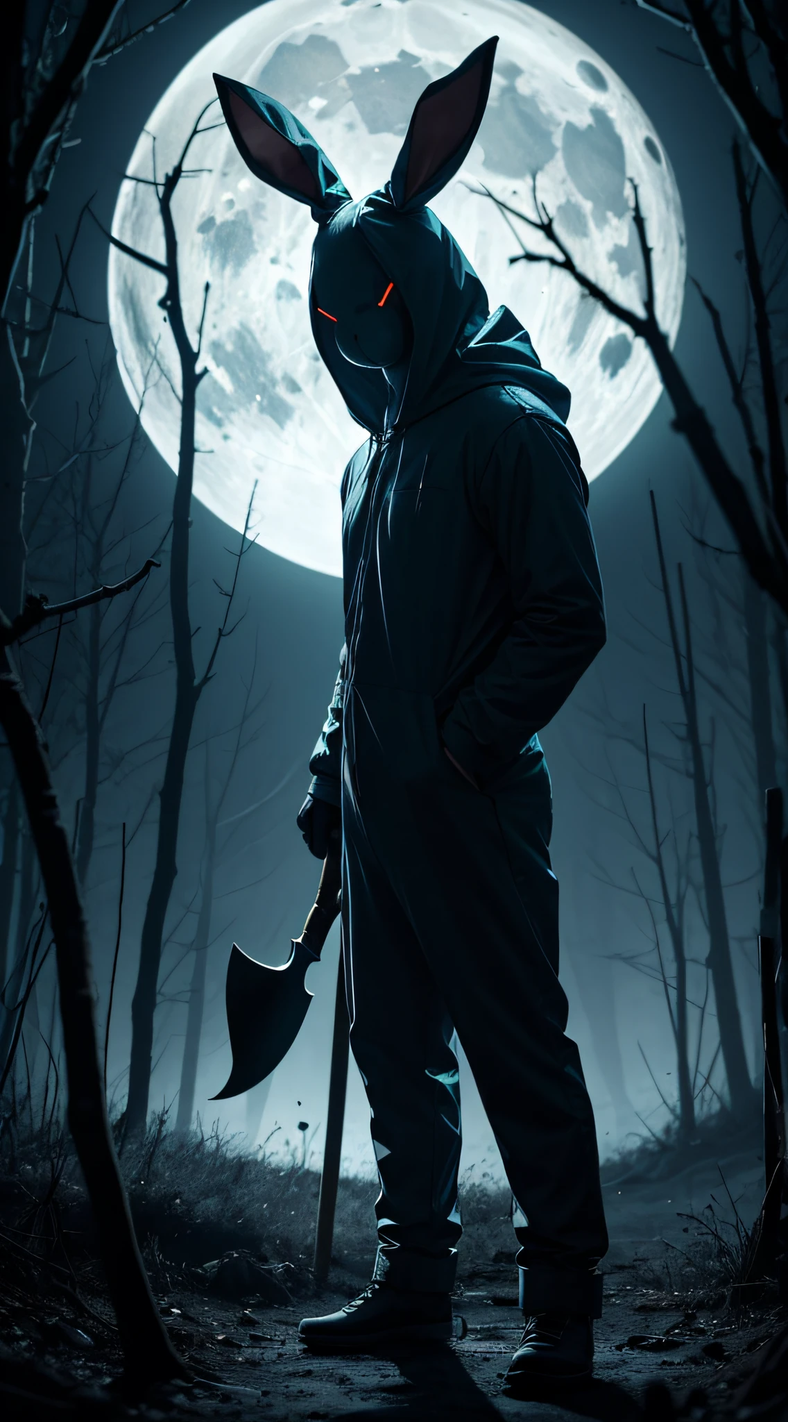 Generate a chilling image of the Bunny Man in his rabbit costume, standing in the moonlight with an axe in hand, creating an atmosphere of terror."