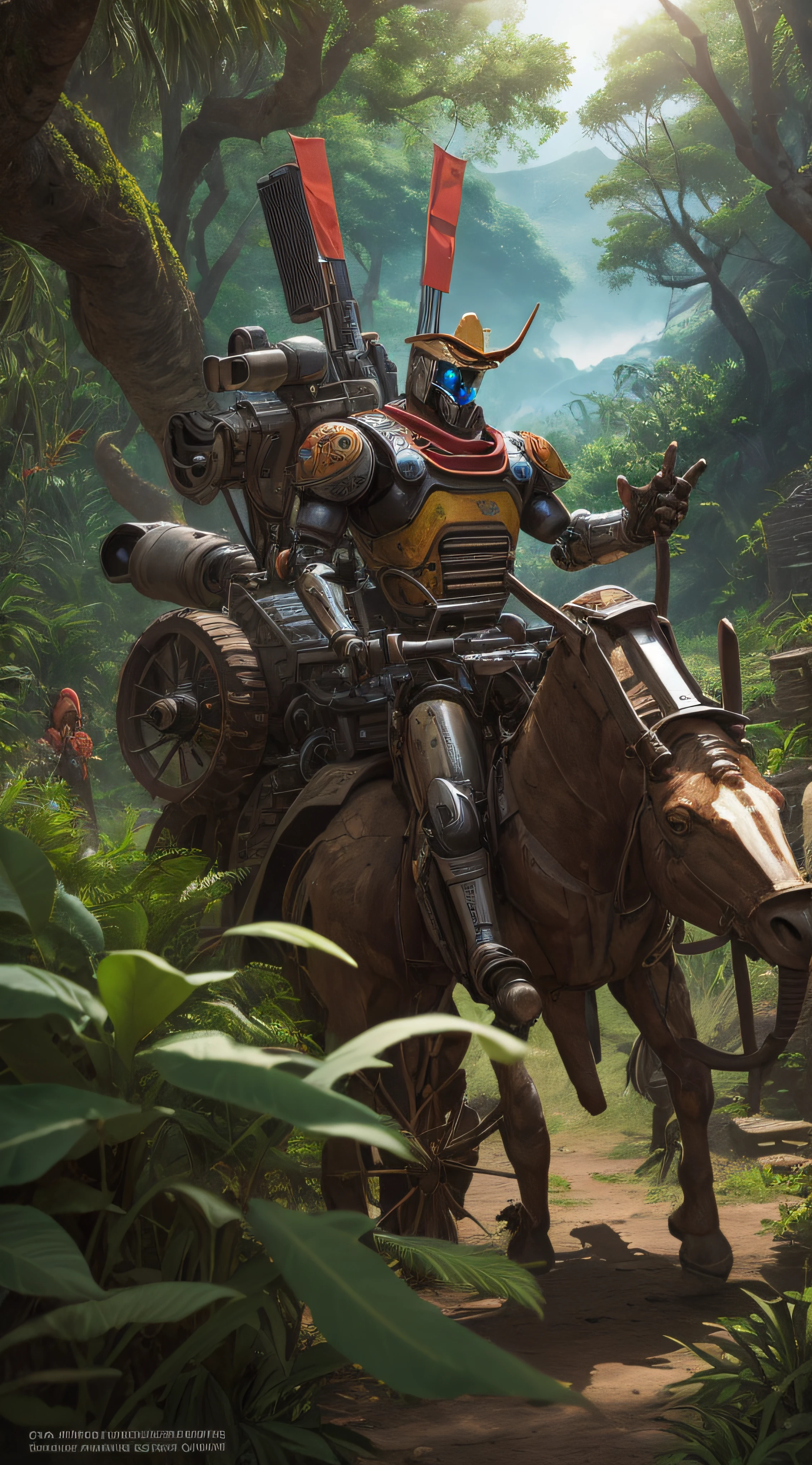 (extremadamente detallado, obra maestra, La mejor calidad, foto antigua, principios de siglo, VHS Aesthetics) Great retro robot with blood in robotic hands. Armas grandes, cannons on his back. motosierras. In the middle of a strange jungle. Vegetables from another dimension. Epic flowers far away, organic trees with meat. Luz noche.