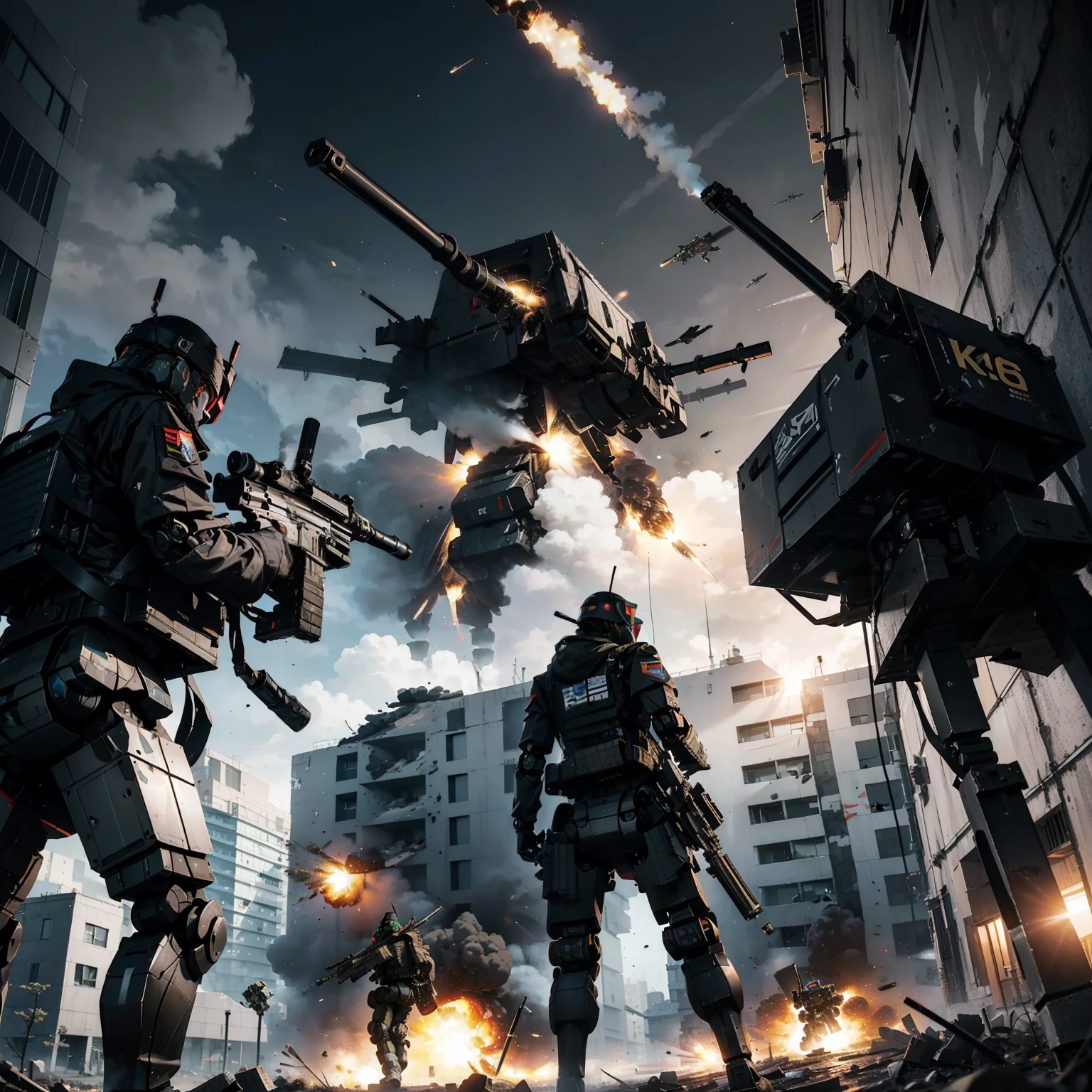 (H&K Rifle:1.4)、(((Firing rifles to destroy military robots:1.4)))、(Female soldier with non-mechanical body)、独奏:1.4、(Black combat uniform)、(platinum-blonde-hair:1.2)、Have multiple weapons、rubble、((超A high resolution))、Detail Write、​masterpiece、top-quality、extremely details CG、Image quality in 8K、Cinematographic lighting、lensflare、(Night combat)、((In Building))、Hyper-detailing、The wreckage of military robots、cowboy  shot:1.4、From diagonally behind、From  above 、(HK416)、turned around