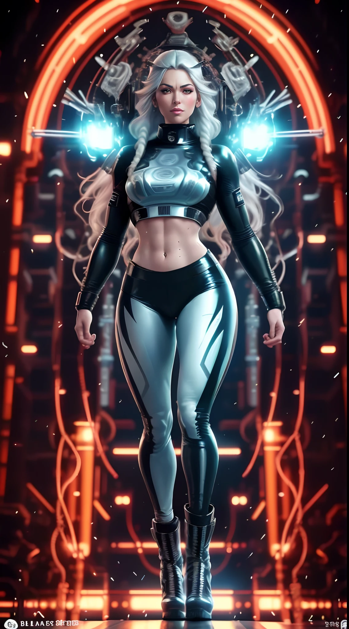 A woman in a futuristic costume stands in front of a neon sign, cyborg - girl with silver hair, cybersuit, cyber universe style, chrome outfit, cyber suit, full body X-force costume, female cyborg, perfect anime cyborg woman, cybernetic body, Cyborg girl, cables on her body, beautiful white girl cyborg, cyborg - girl, silver cyber armor