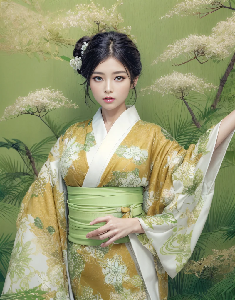 (Beautiful model in Japanese kimono commercial), (solo), ((face is 70% beauty and elegance, 30% pretty and cute:1.5)), (Her roots are in Eastern Europe and Asia), clear eyes, (detailed eyes, light green eyes, bright pupils), Double Eyelids, (sexy lips with a little thickness:1.2), super detailed and incredibly high resolution Kimono, Highly Detailed Face Texture, striking body shape, curvy and very attractive woman, The color of the kimono is 60% white and 30% macha-green and black 10%, high-resolution RAW color photo pro photo, BREAK ultra high-resolution textures, High-res body rendering, big eyes, unparalleled masterpiece, incredible high resolution, super detailed, stunning ceramic skin, BREAK (Wearing a white kimono with plenty of bright matcha green color), (The main color is gentle white, the bright matcha green stands out, and black is used as an accent), (elaborately made classical Japanese white kimono), ((The pattern is boldly, bravely, and elegantly dyed with bright matcha green, and is delicately accented)), (A black obi that matches this kimono), ((A white kimono with delicate and elegant patterns in bright matcha green)), (The background is a dry landscape created with bright matcha green and black) BREAK ((Best Quality, 8k)), Crisp Focus:1.2, (Layer Cut, Big:1.2), (Beautiful Woman with Perfect Figure:1.4), (Beautifully shaped and big breasts:1.3), Slender waist, (Correct hand shape:1.5), (Full body shot | cowboy shot | back view)