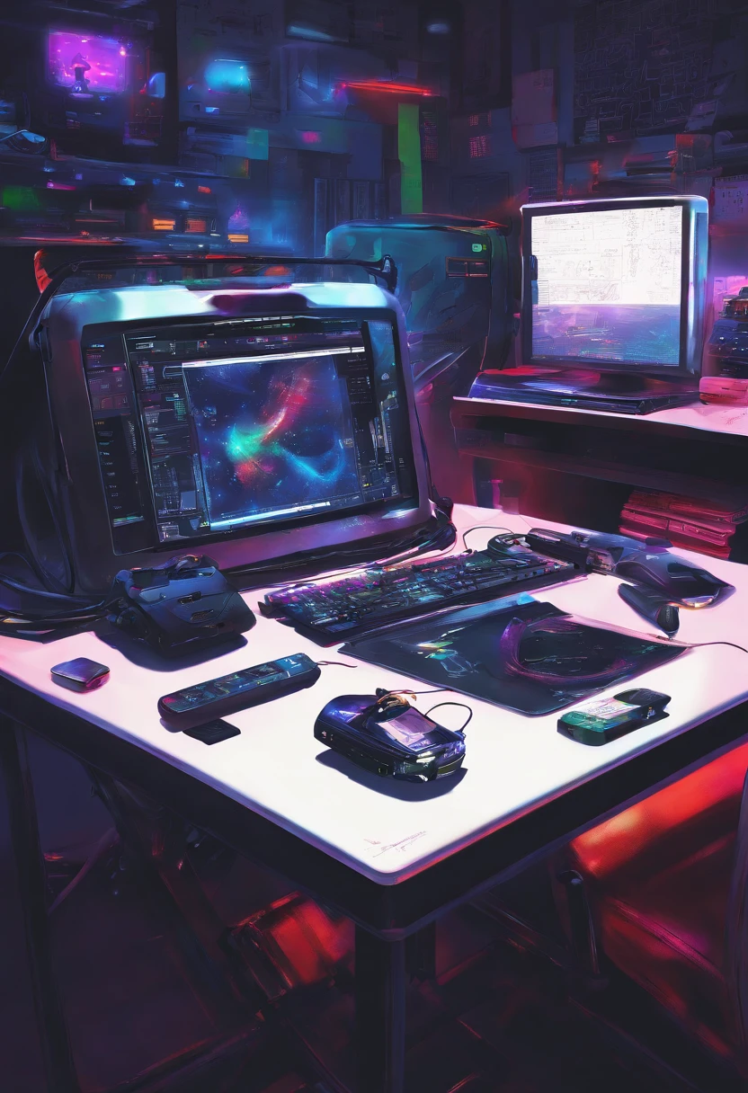 There is a camera on the table,big breasts and big breasts(((Model aircraft))),VR glasses on the table,Room design drawings,There's a lot of paint on it, Detailed painting 4 K, Realistic digital painting, overdetailed art. Digital SLR, high quality digital painting, Realistic camera shooting, photorealism style, in style of photorealism artist, Detailed digital painting, hyperrealism concept art, professional digital painting, photographyrealism, super realistic painting style,There is also an airplane on the table,Measurement tools,On the stool sat a boy wearing VR glasses,Bright colors,Be positive