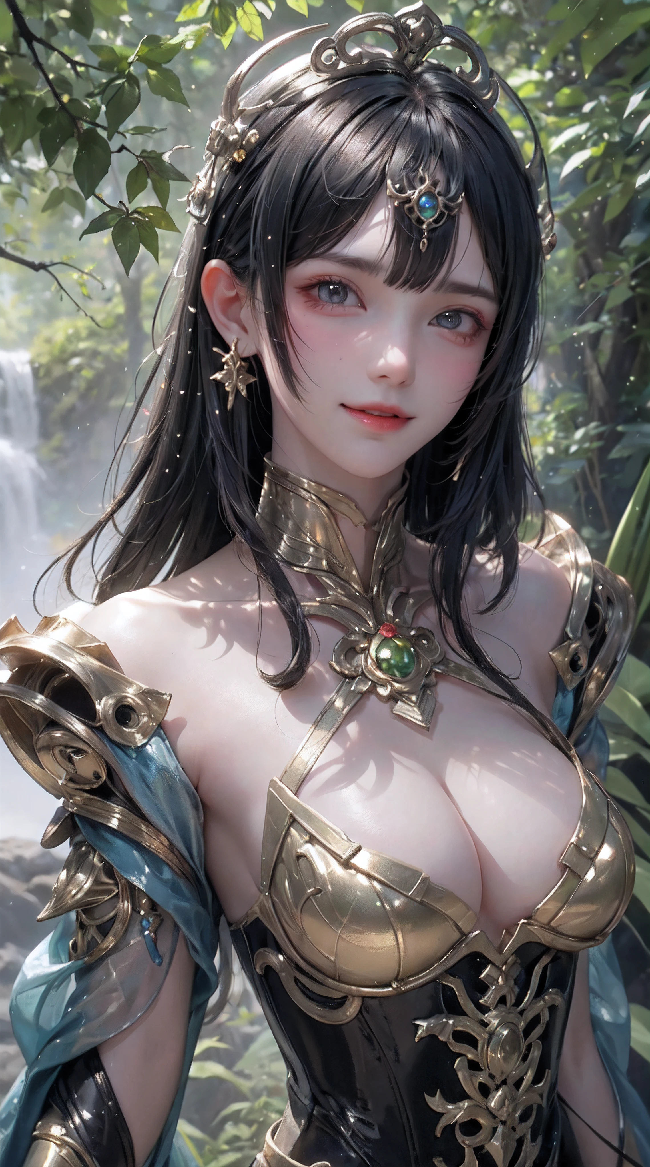 Masterpiece, best quality, 8K, high res, ultra-detailed, A scene of a waterfall cascading down a high cliff amongst lush greenery, adorned by vibrant flowers, towering pines, and delicate bamboo groves,no humans, sakura, beautiful view, ultra-detailed, fine detailed, highly detailed, intricate, highly detailed, ultra-detailed, scenery,no humans, lush green mountains, winding rivers, misty atmosphere, solitary, intricate details, delicate features, verdant trees, blooming flowers, druid's circle, soft moss, deep forest, intricate leaves and vines, wisps of light, still pool of water, pristine, verdant green, A picturesque scene of a waterfall cascading down a high cliff amongst lush greenery, adorned by vibrant flowers, towering pines, and delicate bamboo groves.a close up of a robot with a red eye and a sword, movie still of a villain cyborg, inspired by Raymond Swanland, wearing witchblade armor, movie still of a alien cyborg, style of raymond swanland, crysis nanosuit, intricate assasin mecha armor, face of an armored villian, movie still of a cool cyborg