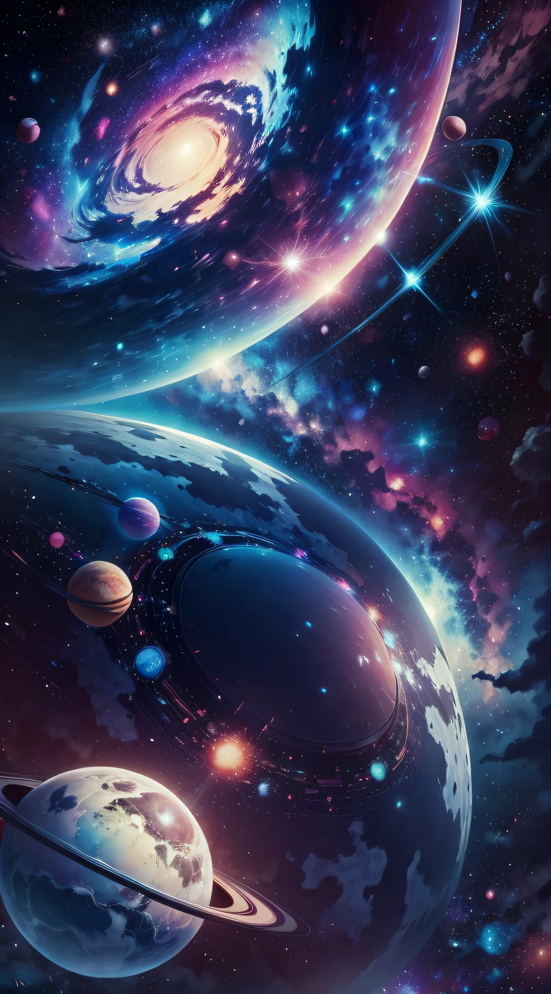 space with all planets blue and pink color with background of bright white stars in the style of Miyazaki, —air 21:9, quality 4k