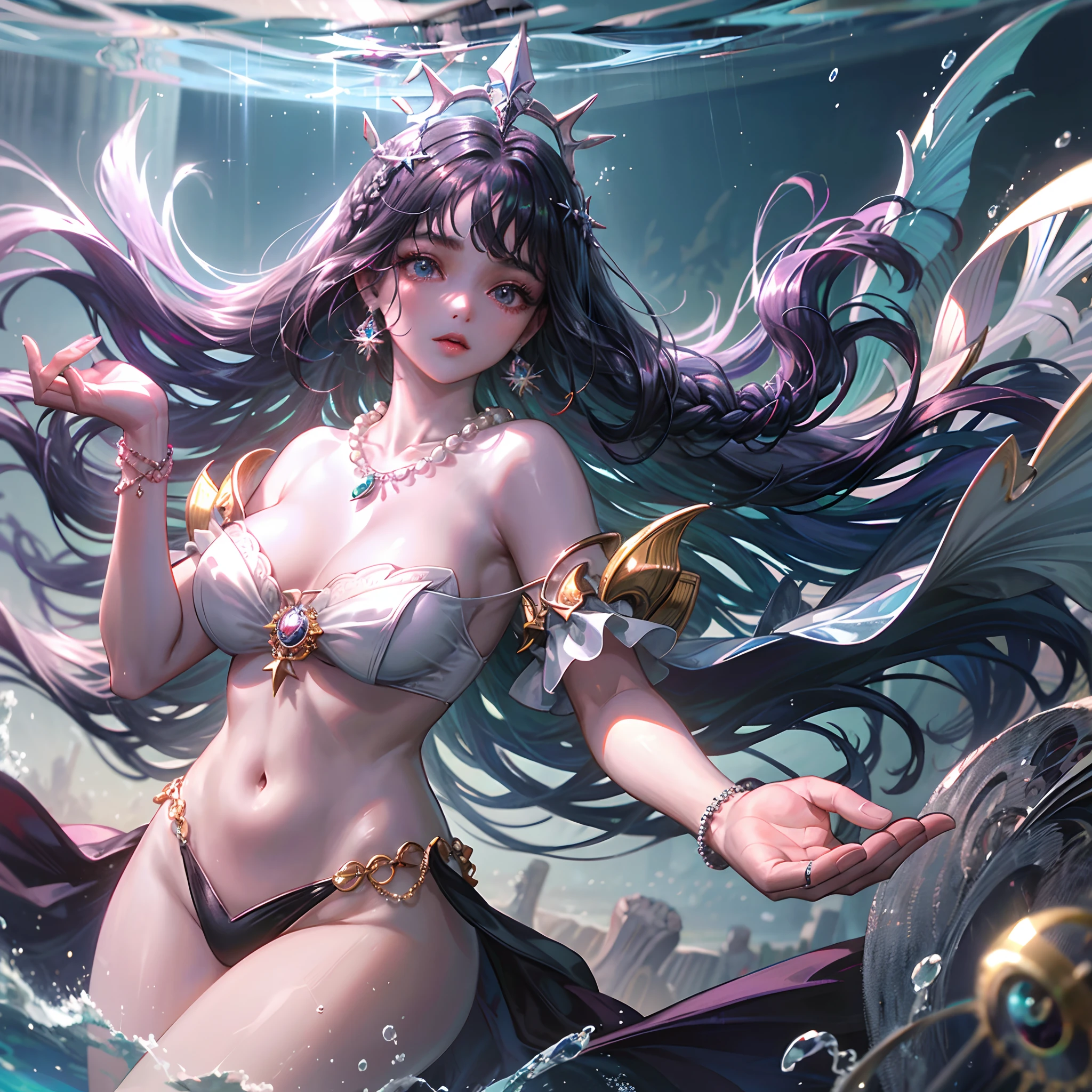 Melhor qualidade, high resolution, (super detalhado), 1 girl, sozinho, maduro, sereia (extremely long and braided black hair), head accessories, brincos, pearls necklace, elegante, Holy, colorido, Maior detalhe, underwater, Floating and messy hair in the sea, flor, back, sereia preta da cauda, humana do corpo superior, sereia bonita, sereia sedutora, sereia nadando de baixo do mar, mar brilhante, sereia maldoza, sereia do mal, a mulher mais bonita, rosto perfeito, cintura fina, cauda de peixe