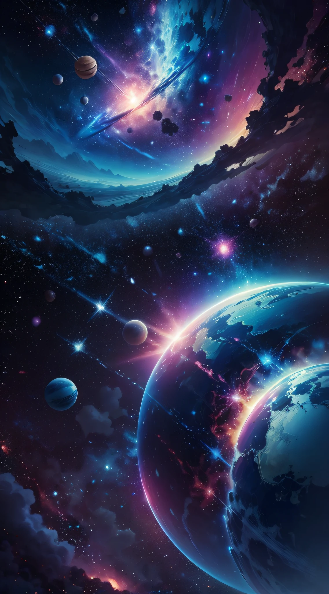 space with all planets blue and pink color with background of bright white stars in the style of Miyazaki, —air 21:9, quality 4k