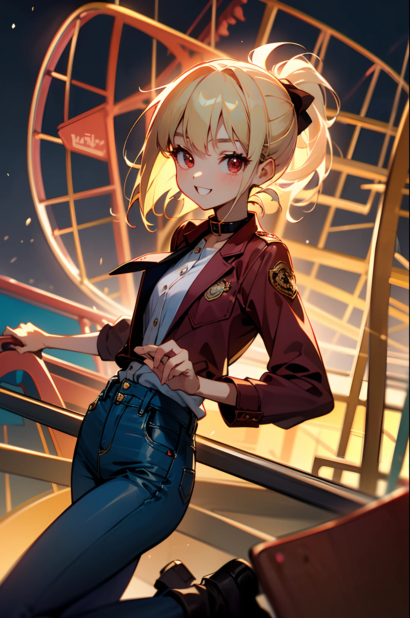 Beautuful Women、 Young handsome girl, small tits, Blonde Hair Ponytail、Red Eyes:1.2, Sexy Girl, professional attire:1.3, 18 years old: 1.1, Detailed Red Riders Jacket:1.2、Blue collar shirt, Skinny denim pants:1.2, Leather boots, Beautiful detailed skin, Cute:1.2, drooping eyes:1.2, Straight teeth,Smile, Floating hair, Gray background, Solo Focus, (bustshot:1.2), Cinematic Light, (Nostalgic night view:1.4), (amusement park:1.4), (merry-go-round、the Ferris wheel、rollercoaster),Looking at Viewer:1.2