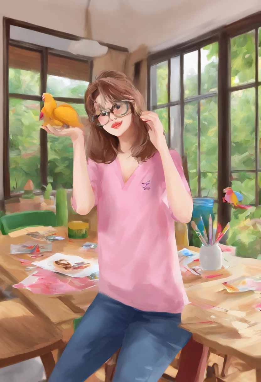 There is a camera on the table，big breasts and big breasts（（（Model aircraft））），VR glasses on the table，Room design drawings，There's a lot of paint on it, Detailed painting 4 K, Realistic digital painting, overdetailed art. Digital SLR, high quality digital painting, Realistic camera shooting, photorealism style, in style of photorealism artist, Detailed digital painting, hyperrealism concept art, professional digital painting, photographyrealism, super realistic painting style，There is also an airplane on the table，Measurement tools，On the stool sat a boy wearing VR glasses，Bright colors，Be positive