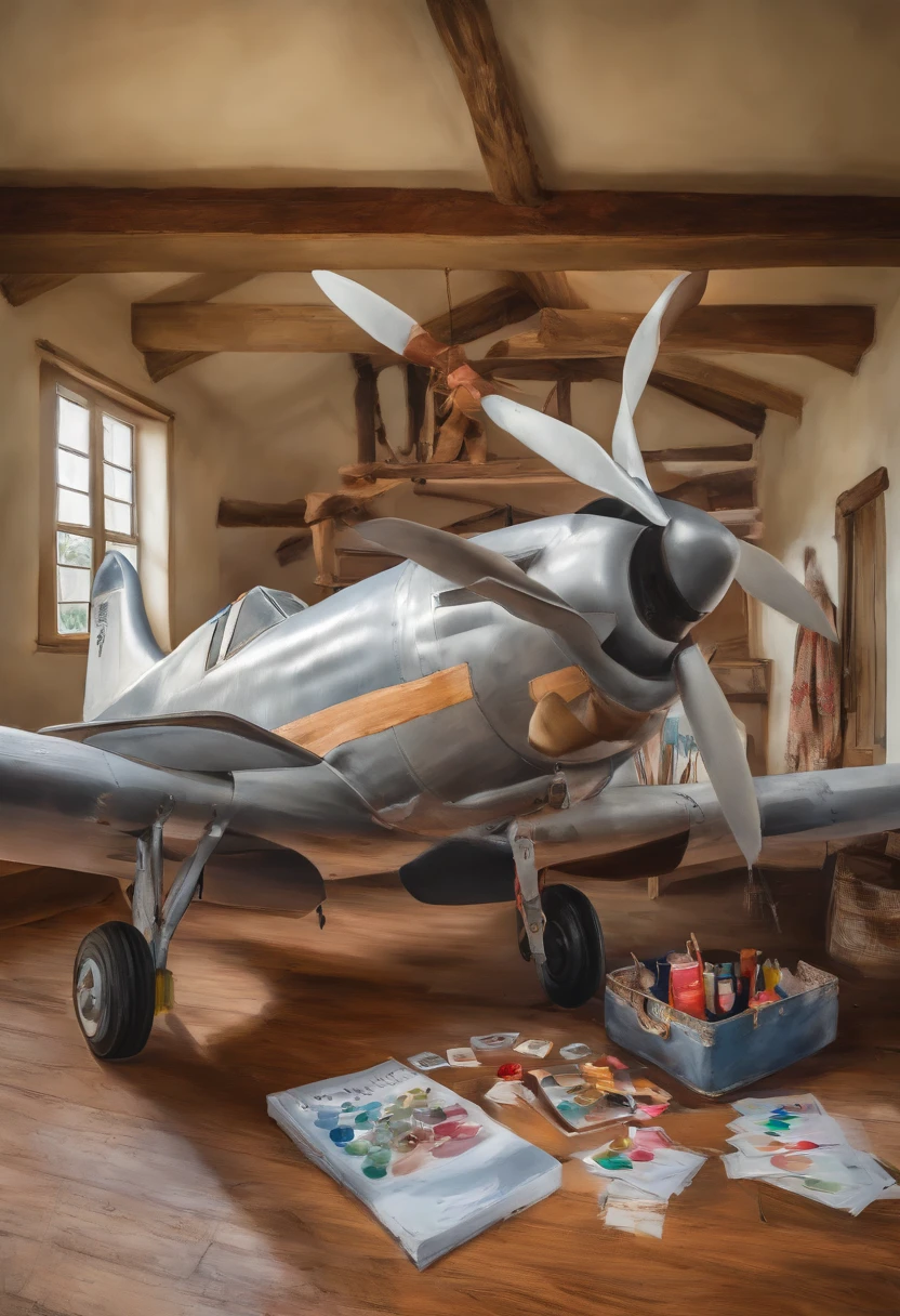 There is a camera on the table,big breasts and big breasts(((Model aircraft))),VR glasses on the table,Room design drawings,There's a lot of paint on it, Detailed painting 4 K, Realistic digital painting, overdetailed art. Digital SLR, high quality digital painting, Realistic camera shooting, photorealism style, in style of photorealism artist, Detailed digital painting, hyperrealism concept art, professional digital painting, photographyrealism, super realistic painting style,There is also an airplane on the table,Measurement tools,On the stool sat a boy wearing VR glasses,Bright colors,Be positive