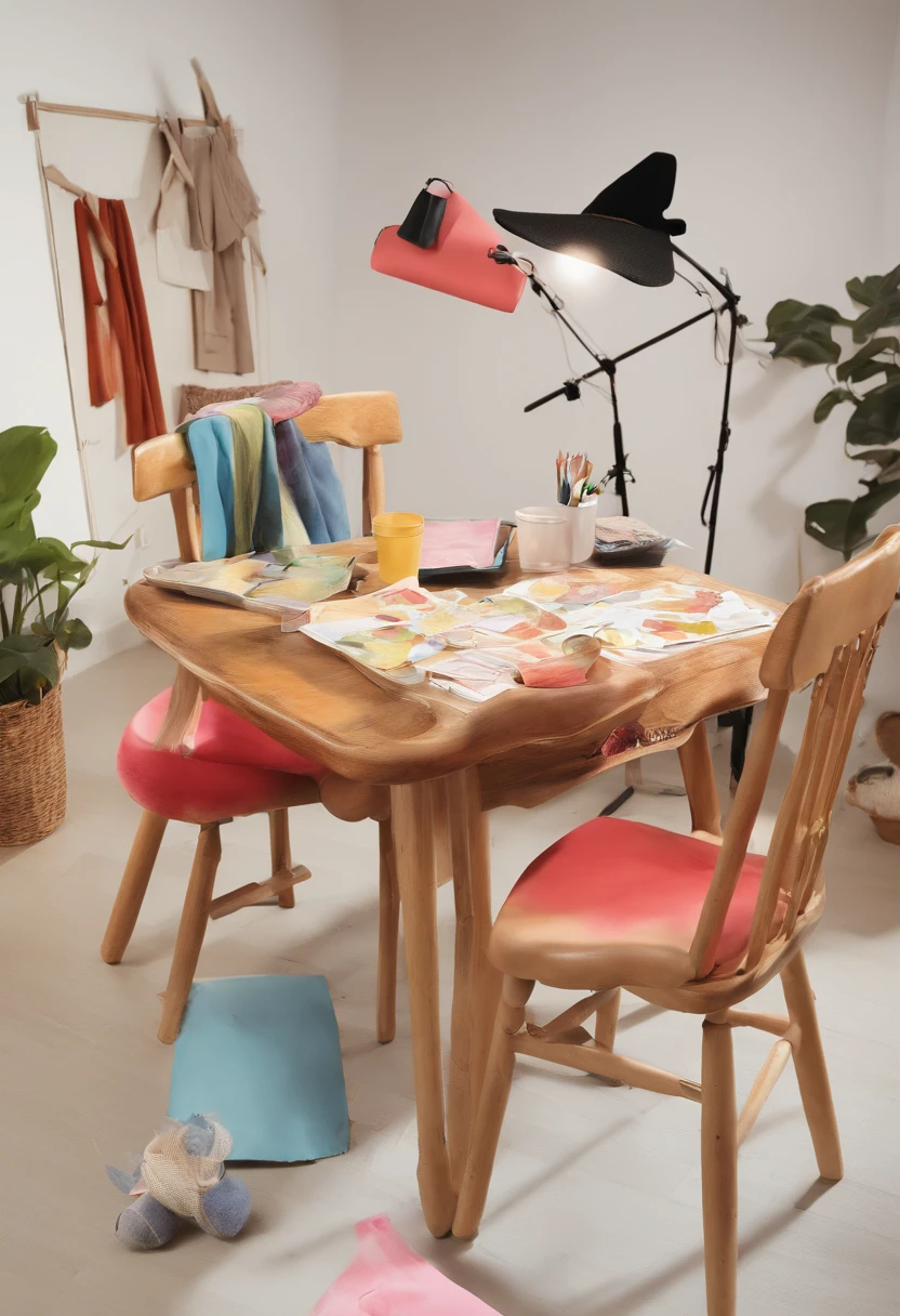 There is a camera on the table,big breasts and big breasts(((Model aircraft))),VR glasses on the table,Room design drawings,There's a lot of paint on it, Detailed painting 4 K, Realistic digital painting, overdetailed art. Digital SLR, high quality digital painting, Realistic camera shooting, photorealism style, in style of photorealism artist, Detailed digital painting, hyperrealism concept art, professional digital painting, photographyrealism, super realistic painting style,There is also an airplane on the table,Measurement tools,On the stool sat a boy wearing VR glasses,Bright colors,Be positive