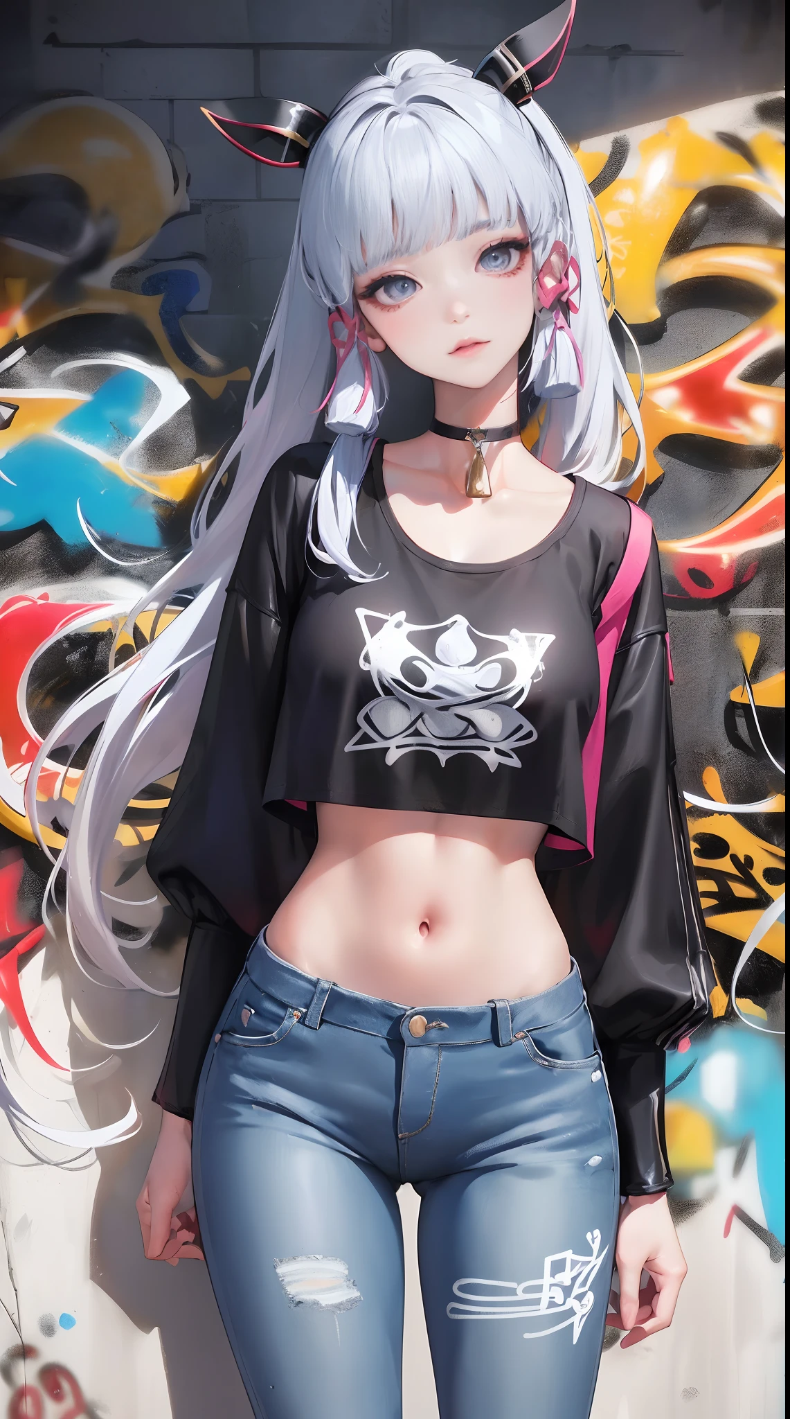 kamisato ayaka|genshin impact, master-piece, bestquality, 1girls,30 years old, proportional body, Big legs, Beautiful, proportional., crop top, Long Jeans, mediuml breasts, ,bara, crop top, choker, (Graffiti:1.5), Splash with purple lightning pattern., arm behind back, against wall, View viewers from the front., Thigh strap, Head tilt, bored,(NSTDA.:1.2), (10, beste-Qualit, master-piece: 1.4), Beautiful red hair, ultra-high resolution, (lifelike, photorealistic portrait: 1.48), (Looking Through Crop Tops.), Famous Japanese actors, beautiful clear eyes, Head tilt, cowboy shot, from the front, looking at the audience, expressionless, Beautiful lake, Zeiss 150mm F/ 2.8 Hasselblad,  Whole body, foot, Ultra-Wide Angle,