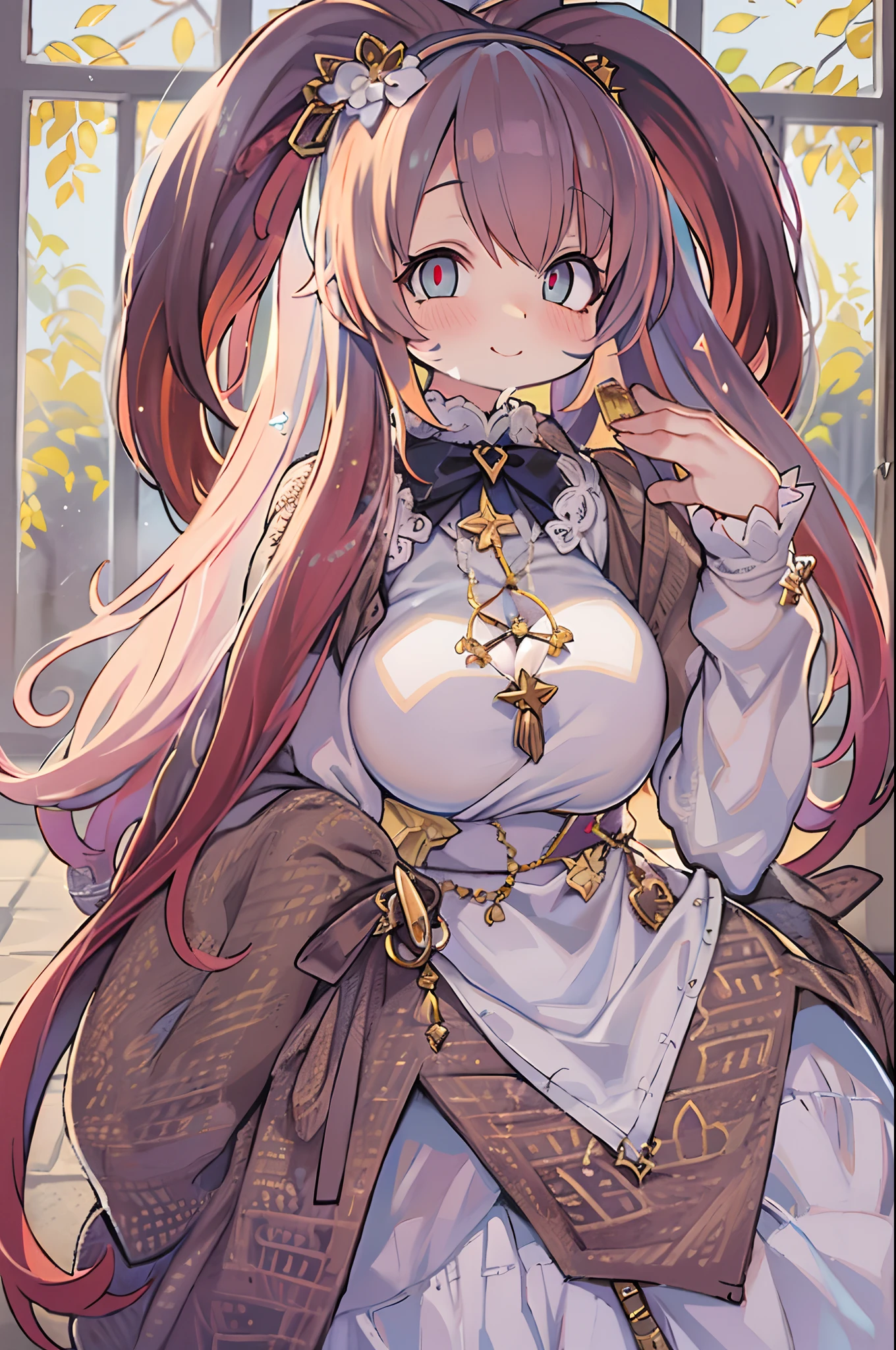 Drill Hair, curtained hair, Hair bun, Big hair, Medium Hair, bow hairband, Heart-shaped pupil, Raised eyebrows, Smile, puckered lips, surrealism, renaissance, Anime, Anime style, Cinematic lighting, depth of fields, god rays, drop shadow, Fujicolor, One-person viewpoint, POV, wide angles, Anime style, surrealism, nffsw, retinas, masutepiece, ccurate, Textured skin, high details, hight resolution, 16 K