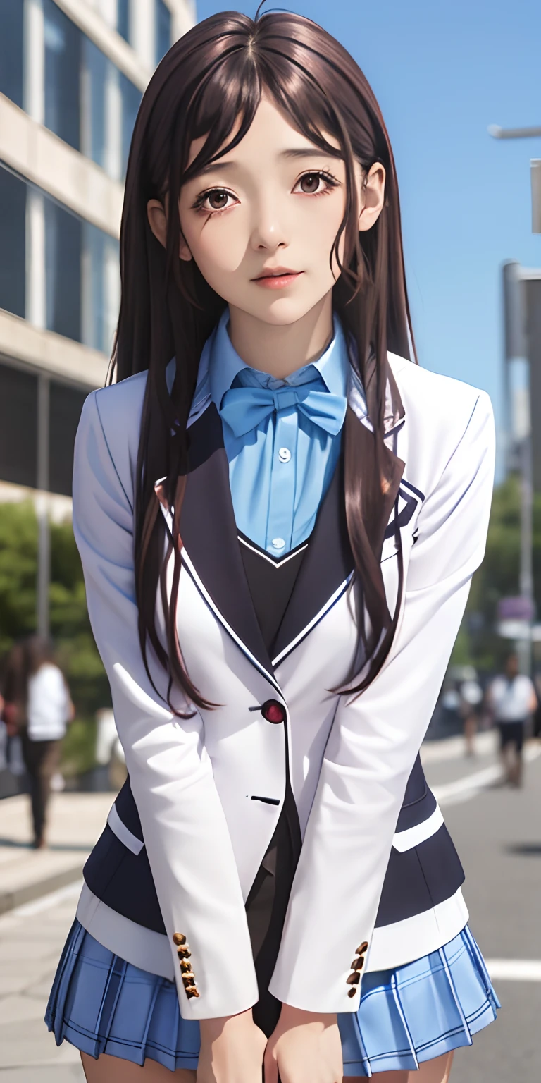 Kaori brown long, brown hair, beautiful face,pink eyes,red eyes, smile ,blush,blue sky, on the street, school uniform, blazer,blue nektie, white jacket ,long sleeves,nektie,pleated skirt, pantyhose ,huge breast,extremely detailed wallpaper, perfect lighting, sunlight,(8k, RAW photo, best quality, masterpiece: 1.2), (realistic, realistic: 1.37), ultra-high resolution