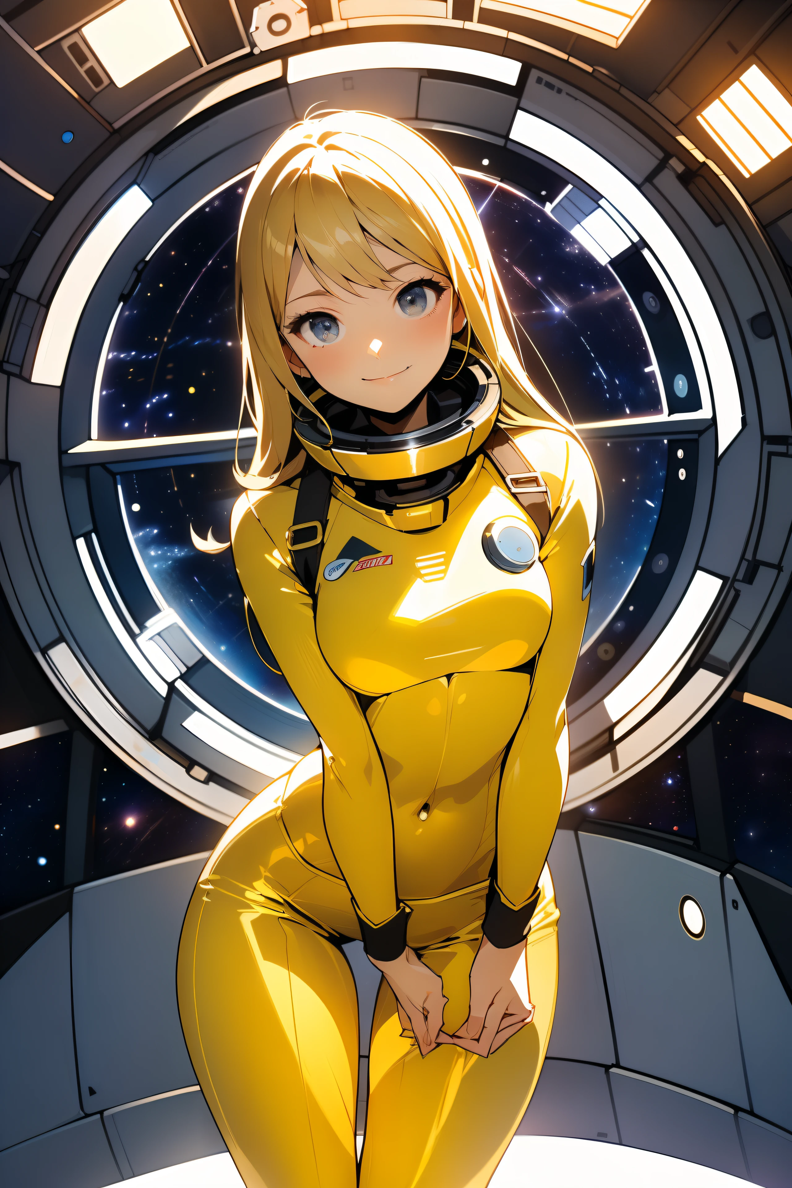 (masterpiece, best quality:1.2), solo, 1girl, mori yuki, slight smile, closed mouth, side view, looking at viewer, blonde hair, long hair, yellow bodysuit, skin-tight, perfect body, large window, (starship porthole:1.3), (spread legs:1.3), (standing:1.1), thigh gap, sensual pose, sideview, perfect hands, bright starship interior, (outer space view:1.1), (orbital view:1.3), (night, stary sky:1.5), milky way