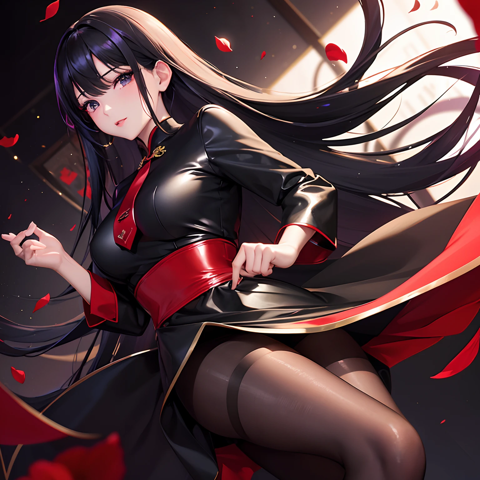 looking side, finest image, portrait, female, sexy, beautiful, cute, amorous expression, lewd expression, glossy iridescent hair, sparkling eyes, red alluring moist lips, dress shirt, tie, black vest, mini cheongsam skirt, black pantyhose, background many falling petals, professional lighting