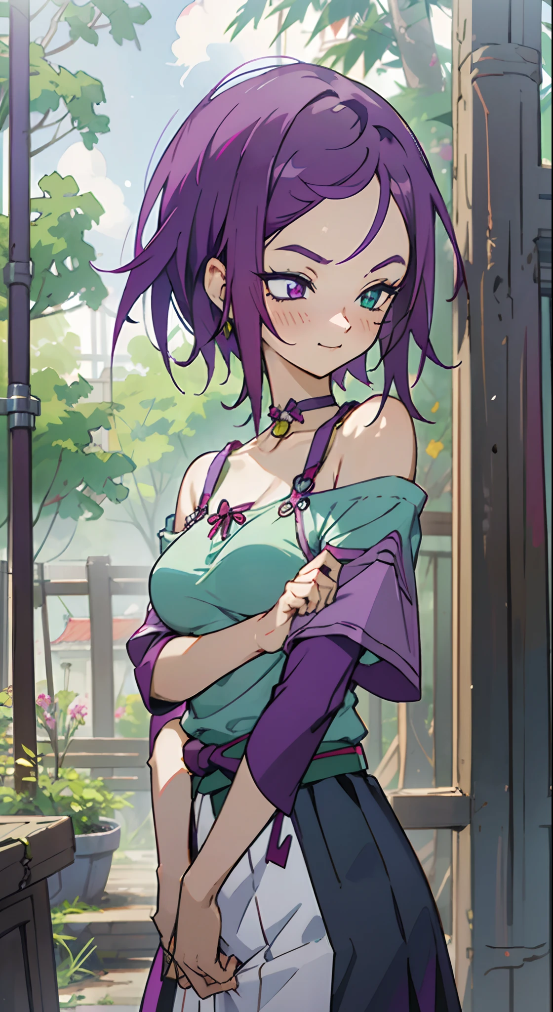 masutepiece, Best Quality, Ultra-detailed, Off-the-shoulder clothing, Colorful,Up-close, Hyper-detailing，purple color  hair, kisho, jigokuraku, no sleeves, Camisole, Blue Camisole, Cheongsam, chinese clothes, Chest exposure, Underwear, Metamorphosis is exposed, Choker, arm warmer, Sexy breasts, Scar, Big breasts, red blush, 1girl in, Solo, Sharp face, Heterochromia, Green eyes, Purple eyes, Bare neck, Happy face, rays of sunshine, Brave Sky, shining sky, tiarra, Slums