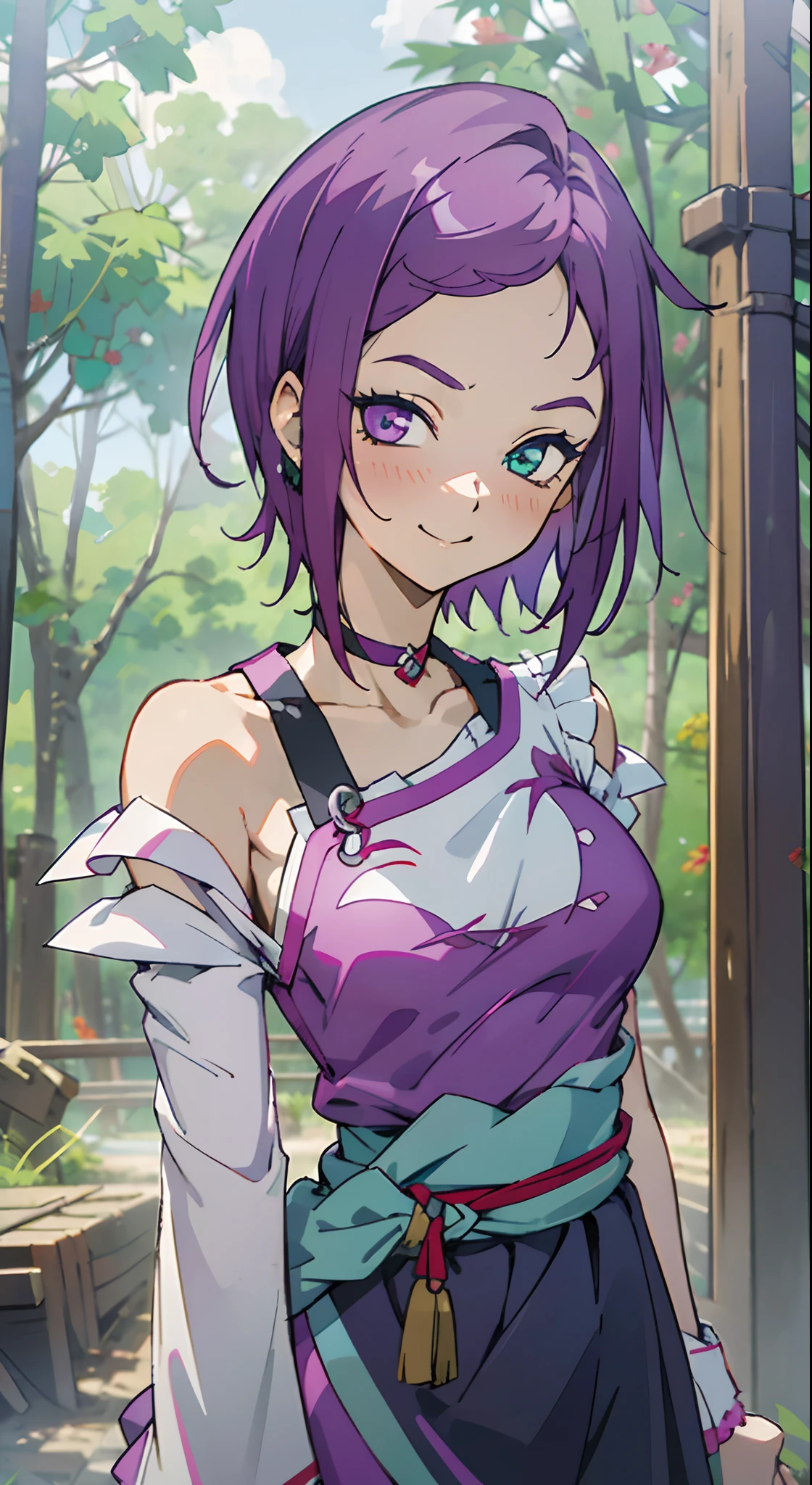 masutepiece, Best Quality, Ultra-detailed, Off-the-shoulder clothing, Colorful,Up-close, Hyper-detailing,purple color hair, kisho, jigokuraku, no sleeves, Camisole, Blue Camisole, Cheongsam, chinese clothes, Chest exposure, Underwear, Metamorphosis is exposed, Choker, arm warmer, Sexy breasts, Scar, Big breasts, red blush, 1girl in, Solo, Sharp face, Heterochromia, Green eyes, Purple eyes, Bare neck, Happy face, rays of sunshine, Brave Sky, shining sky, tiarra, Slums